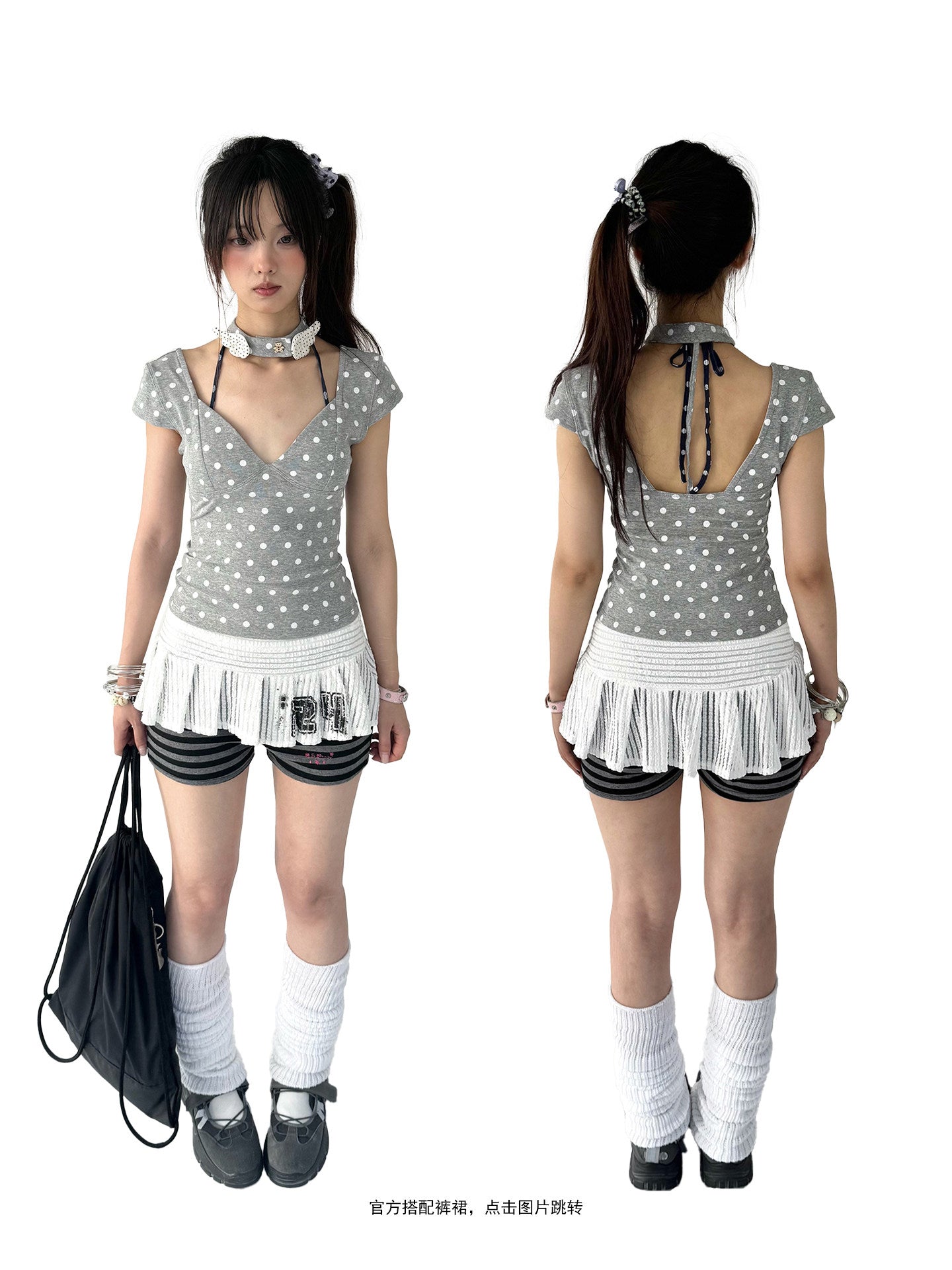 Mechanical Bear Polka Dot V-Neck Fitted Tee with Choker