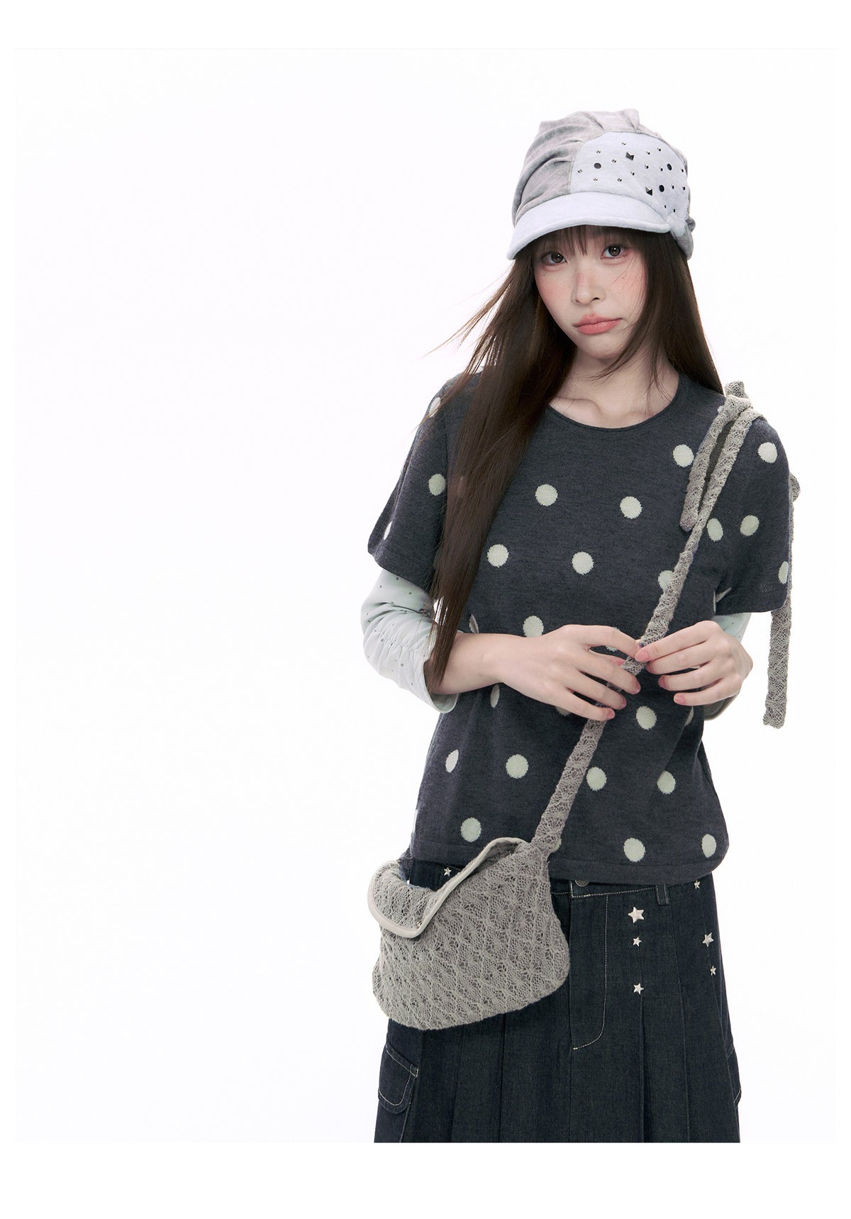 Polka Dot Wool-Blend Short Sleeve Knit Top
