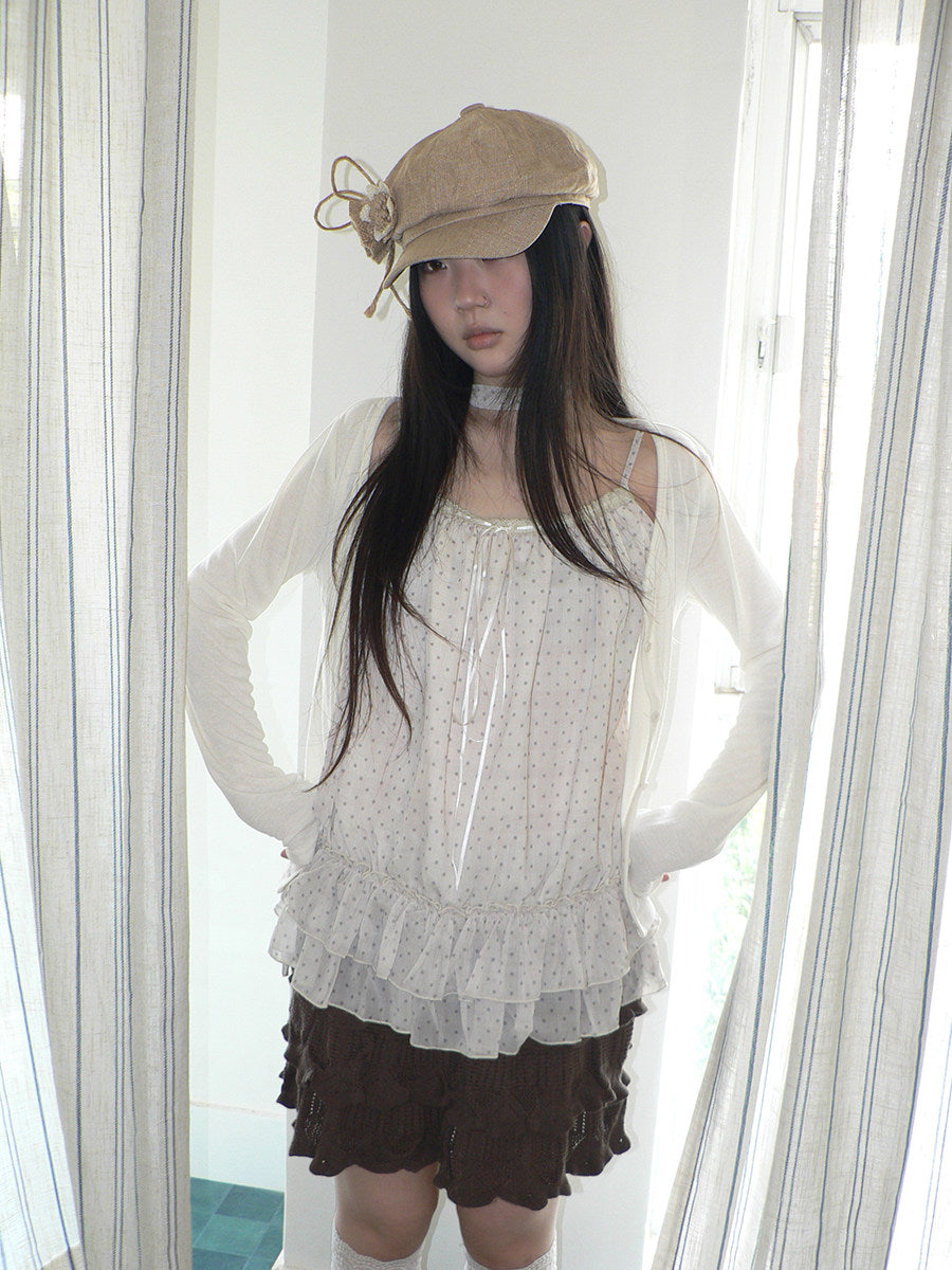 Polka Dot Ruffle Camisole & Cardigan Set with Scarf