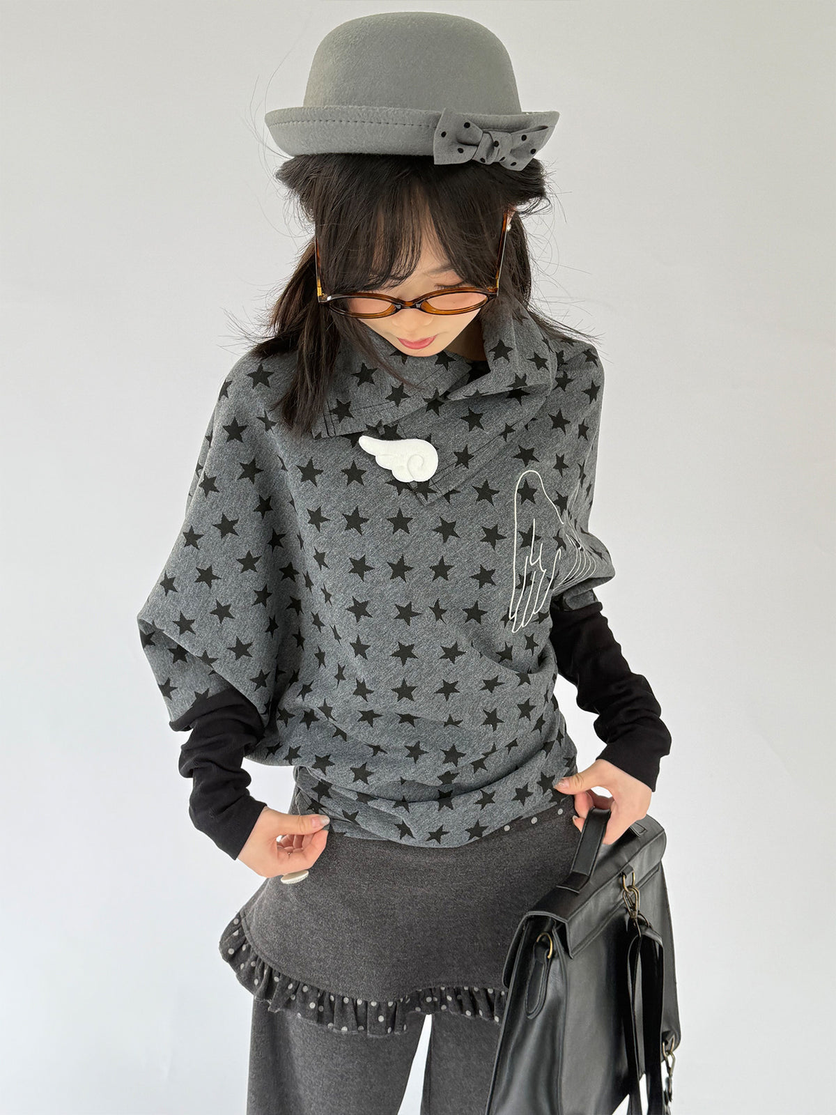 Asymmetric Star Drape Faux-Layer Long Sleeve Top