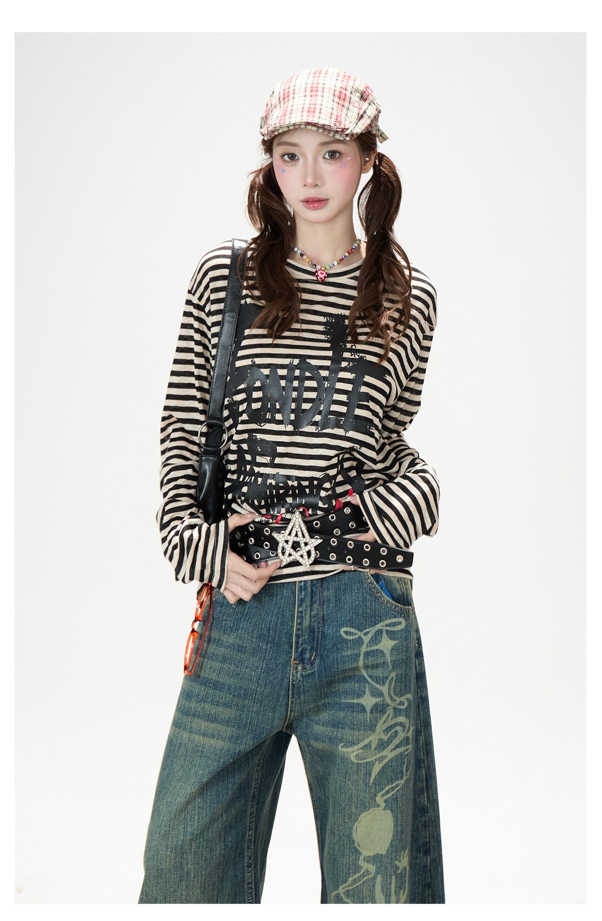 Distressed Striped Long Sleeve Top & Graphic Wide-Leg Pants