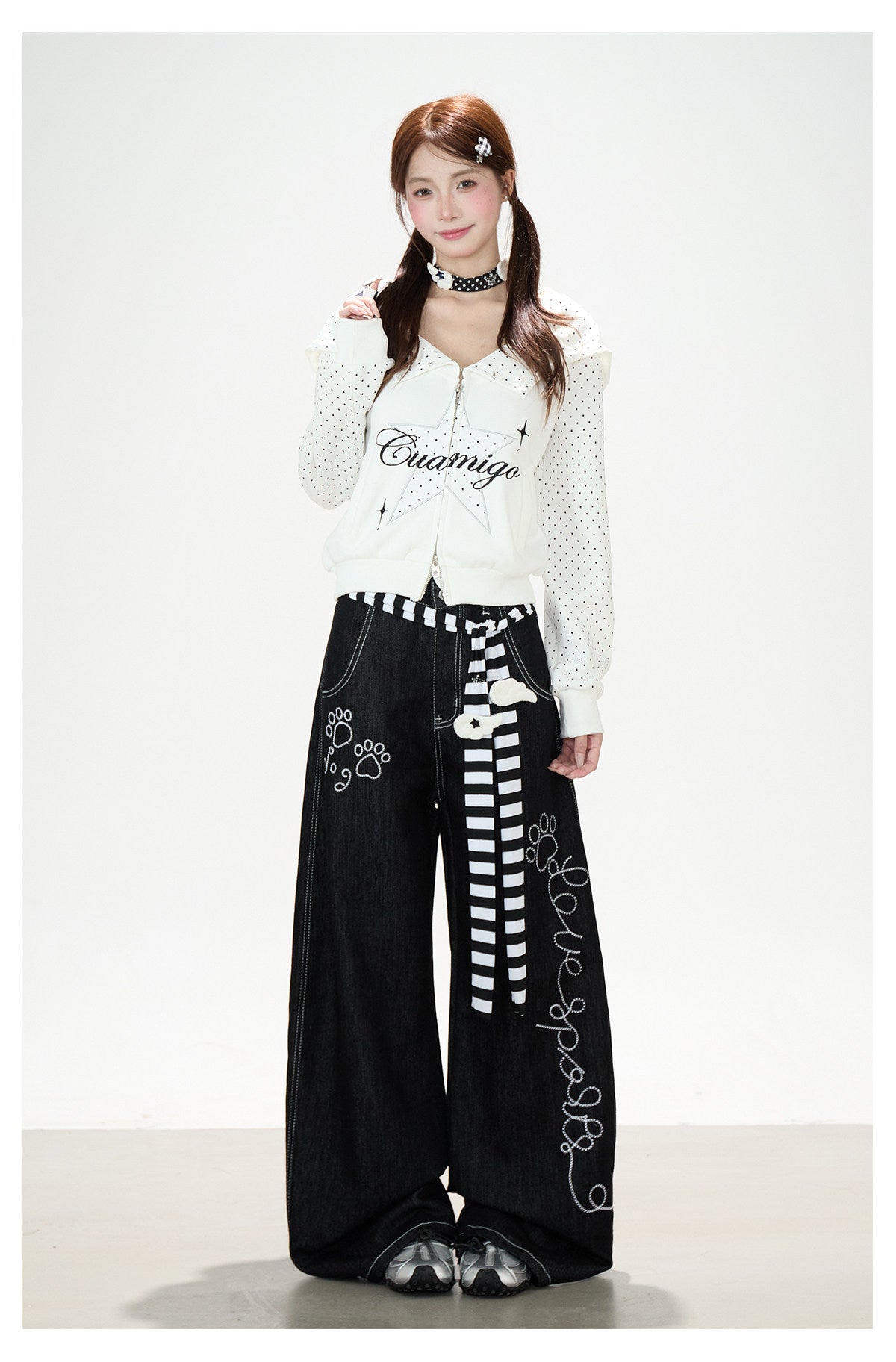 Star Polka-Dot Zip-Up Hoodie & Paw Print Wide-Leg Jeans