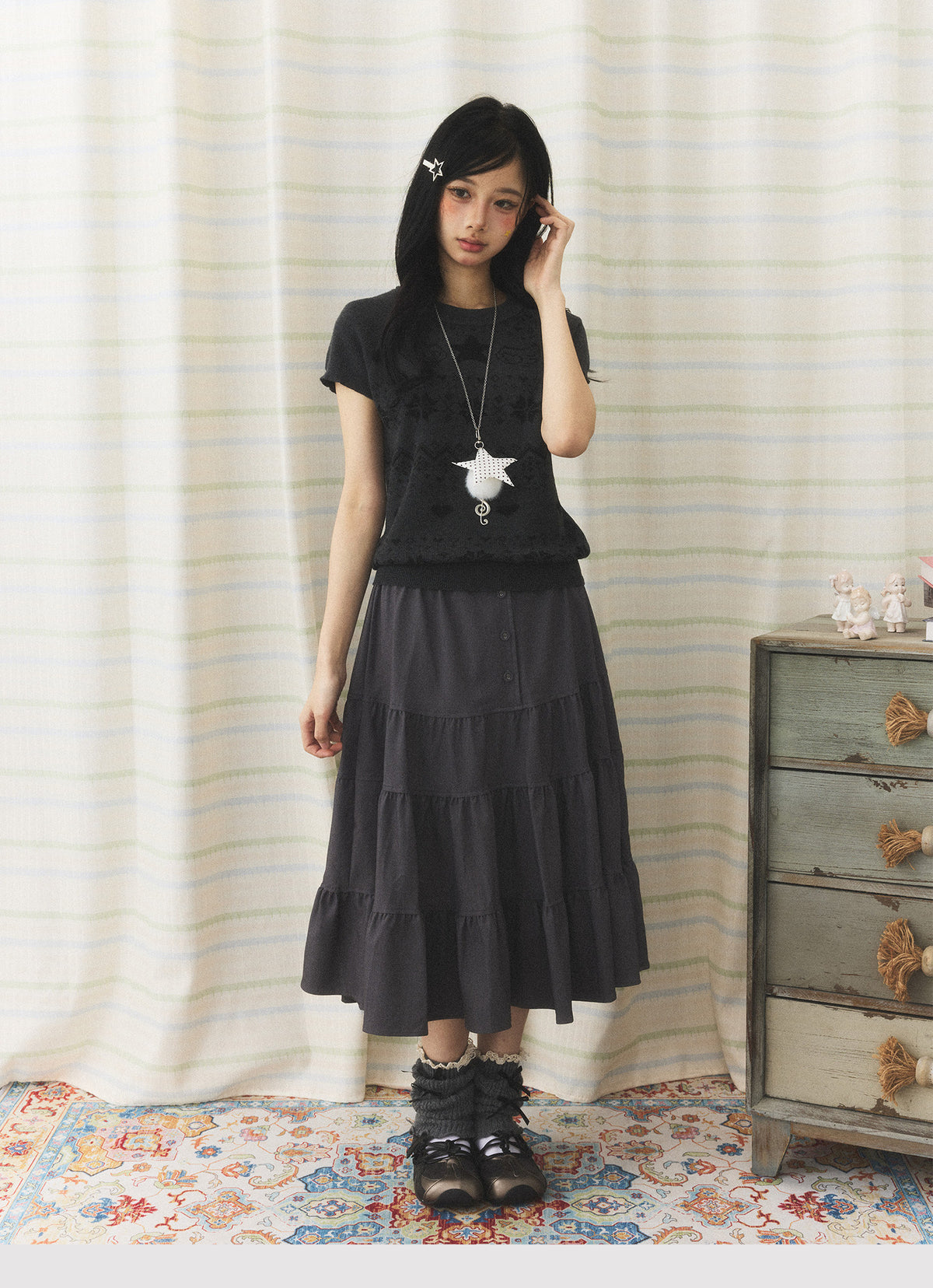 Vintage Jacquard Knit Short Sleeve Top