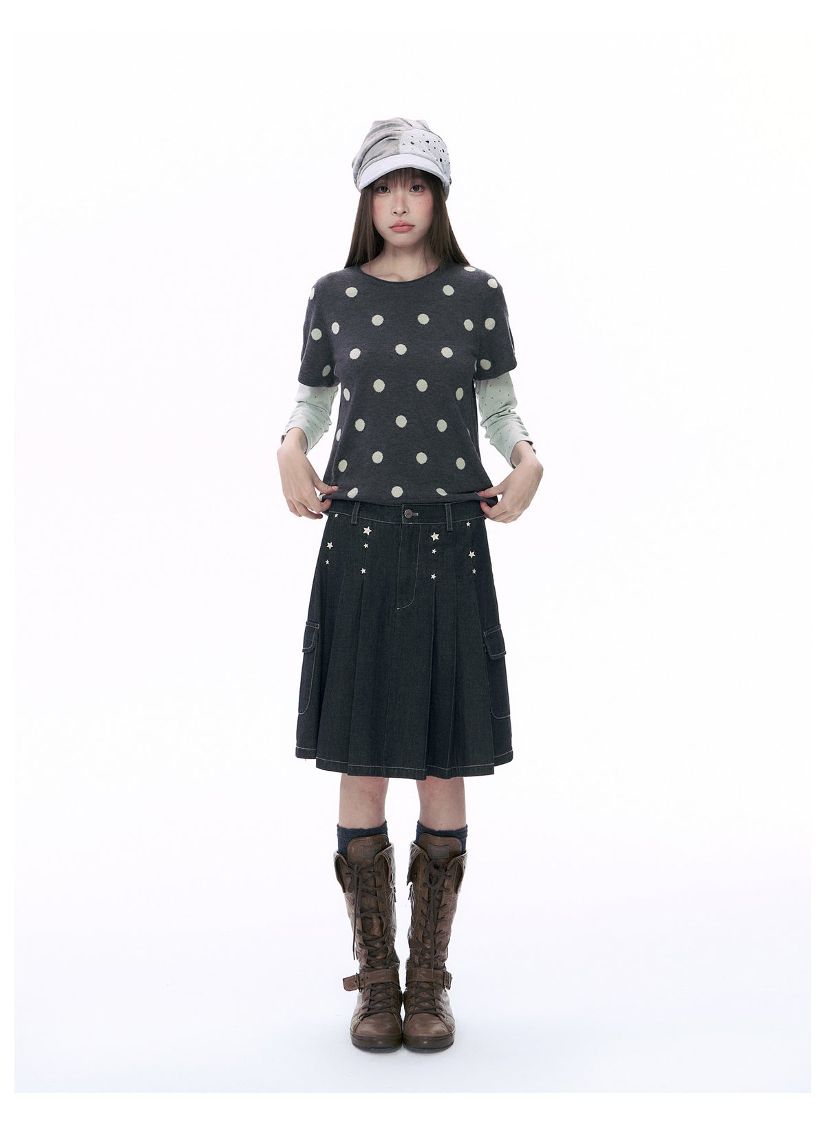 Embroidered Star Pleated Denim Midi Skirt