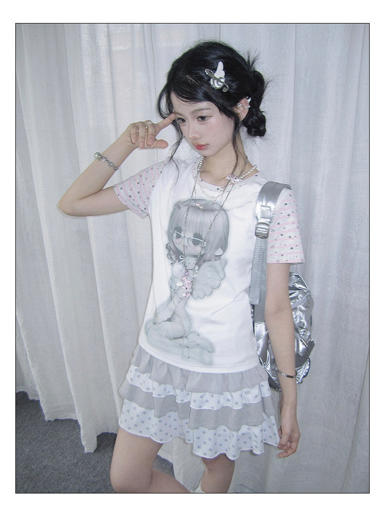 Angel Girl Contrast Sleeve Graphic Tee