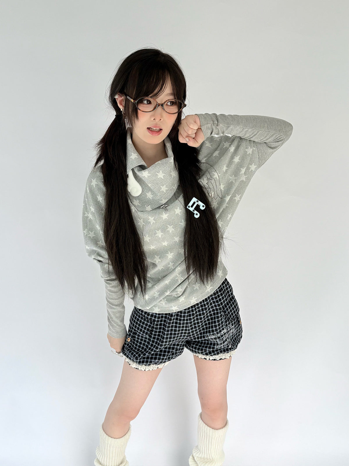 Asymmetric Star Drape Faux-Layer Long Sleeve Top