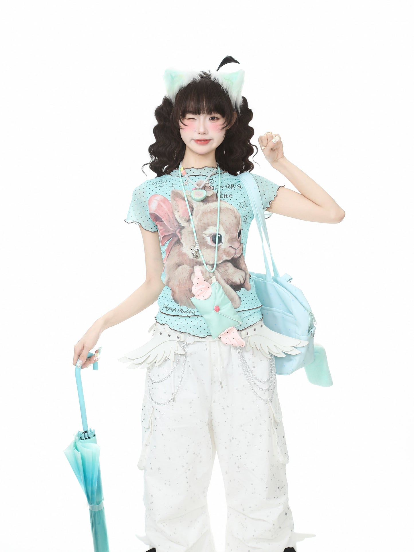 Ribbon Bunny Polka Dot Lettuce-Edge Tee