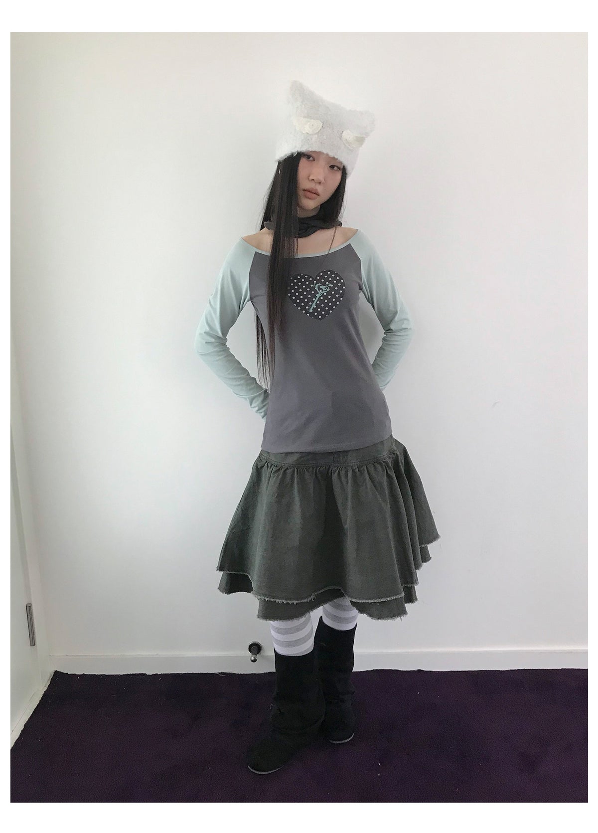 Polka Dot Heart Key Contrast Raglan Long Sleeve Tee