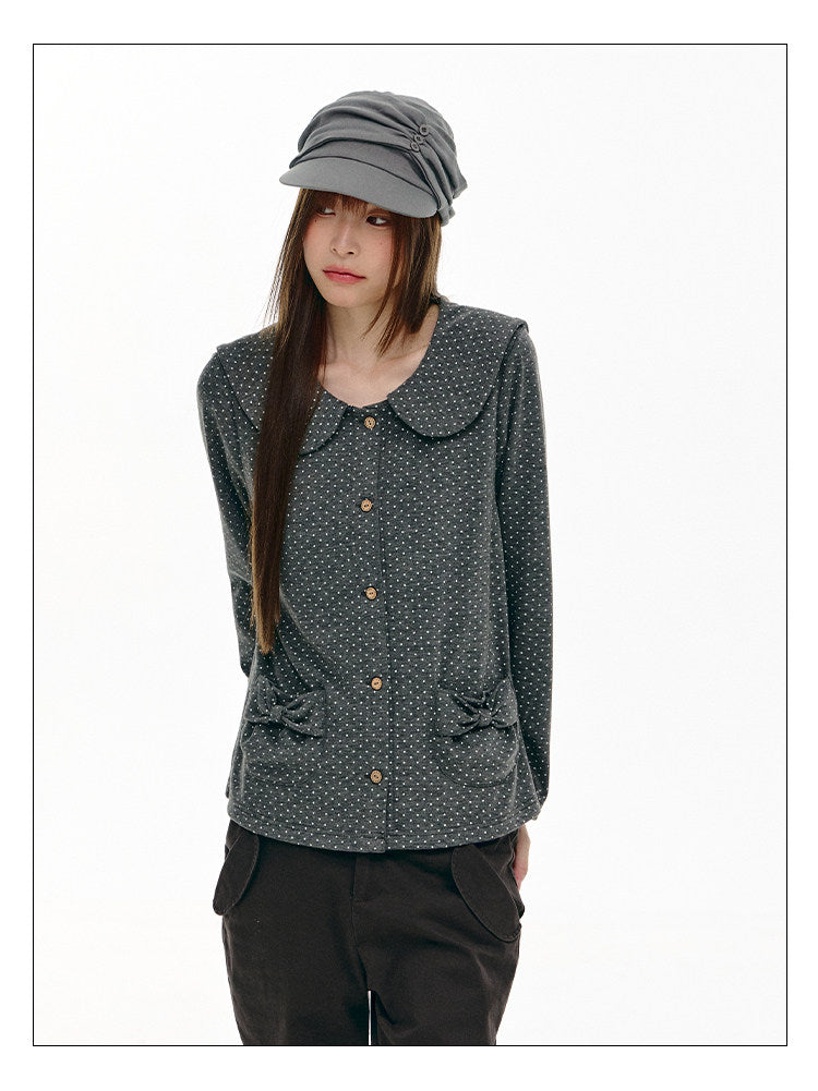 Charcoal Polka Dot Peter Pan Collar Button Shirt
