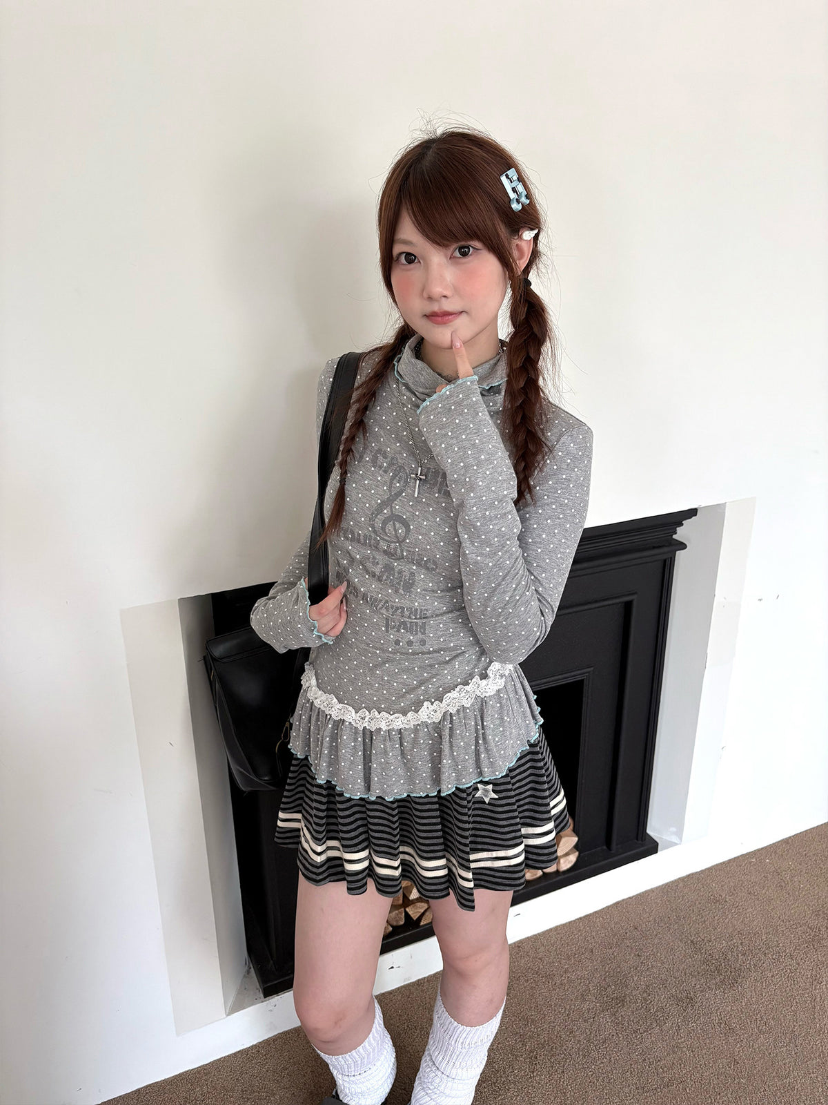 Polka Dot Lace-Trim Mock-Neck Long Sleeve Top