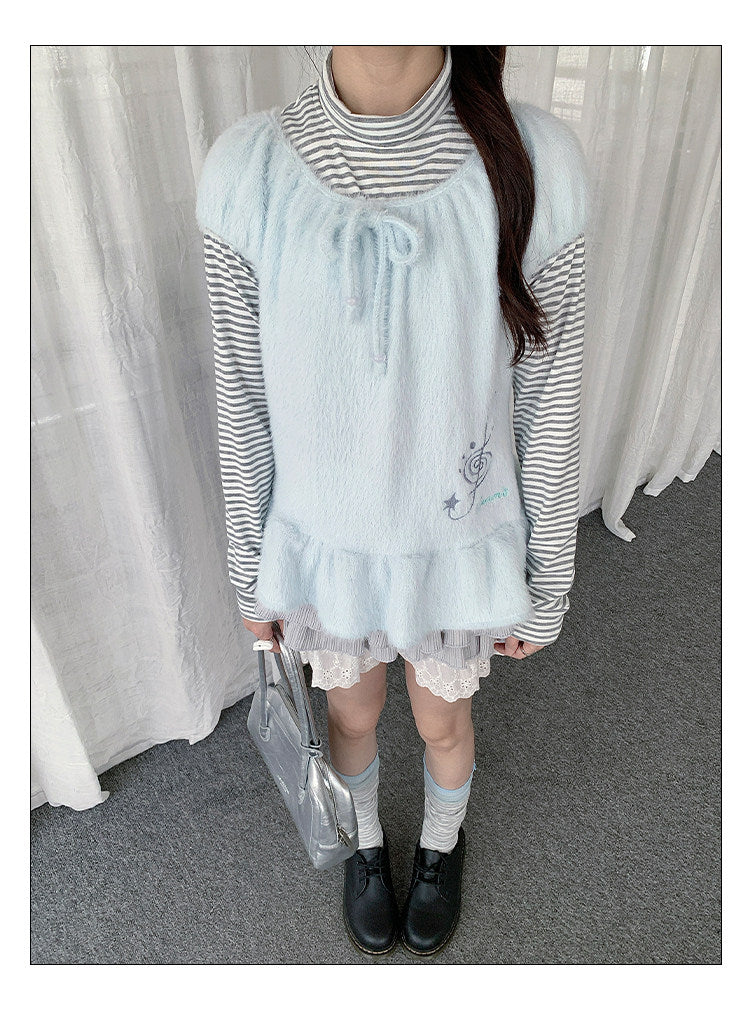 Fuzzy Ruffle Layered Two-Piece Long Sleeve Top Set