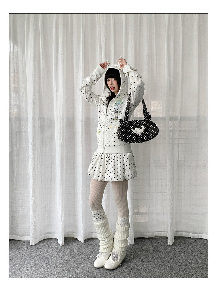 Polka Dot Devil-Horn Cartoon Girl Zip Hoodie