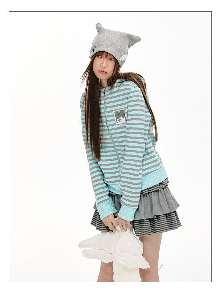 Mint & Gray Stripe Cat-Ear Zip Hoodie
