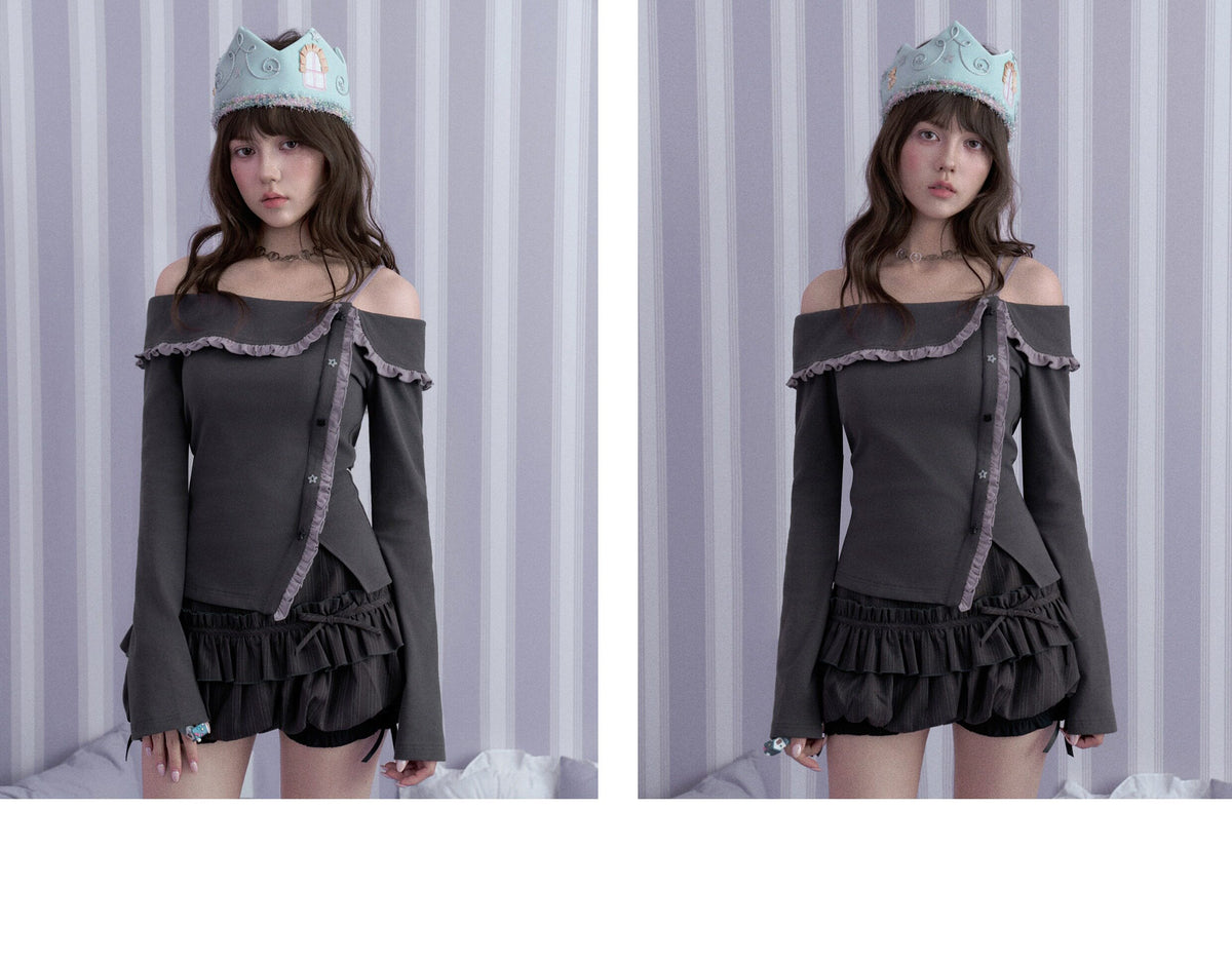 Double-Waist Pinstripe Ruffle Bubble-Hem Skort
