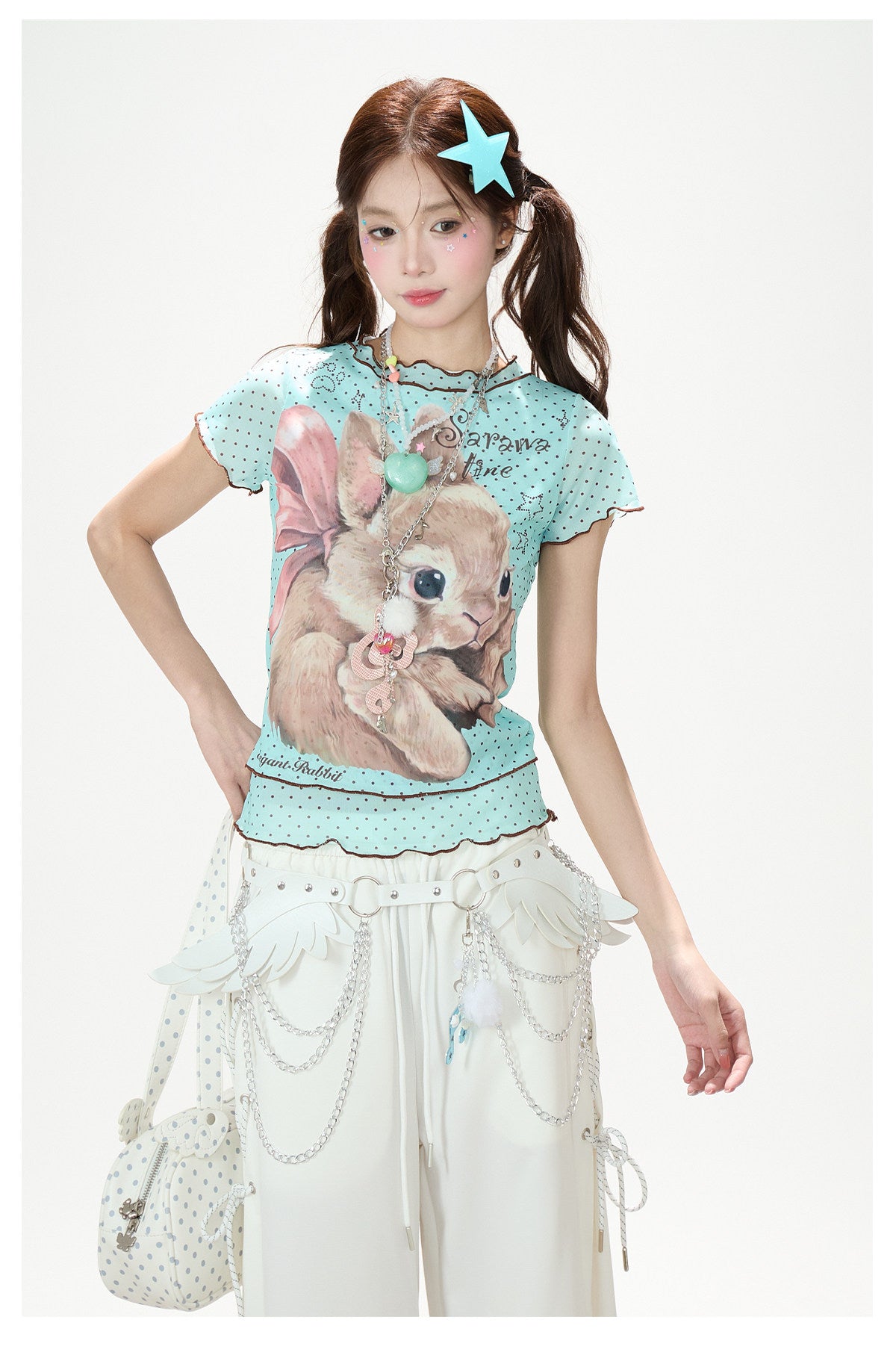 Ribbon Bunny Polka Dot Lettuce-Edge Tee