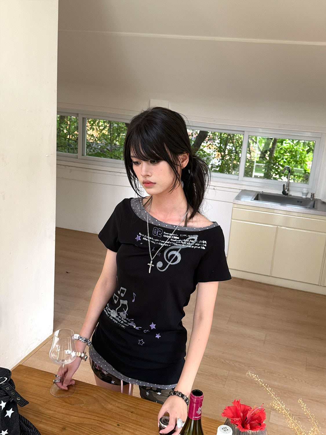 Asymmetric Music Note Faux-Layer Fitted Tee