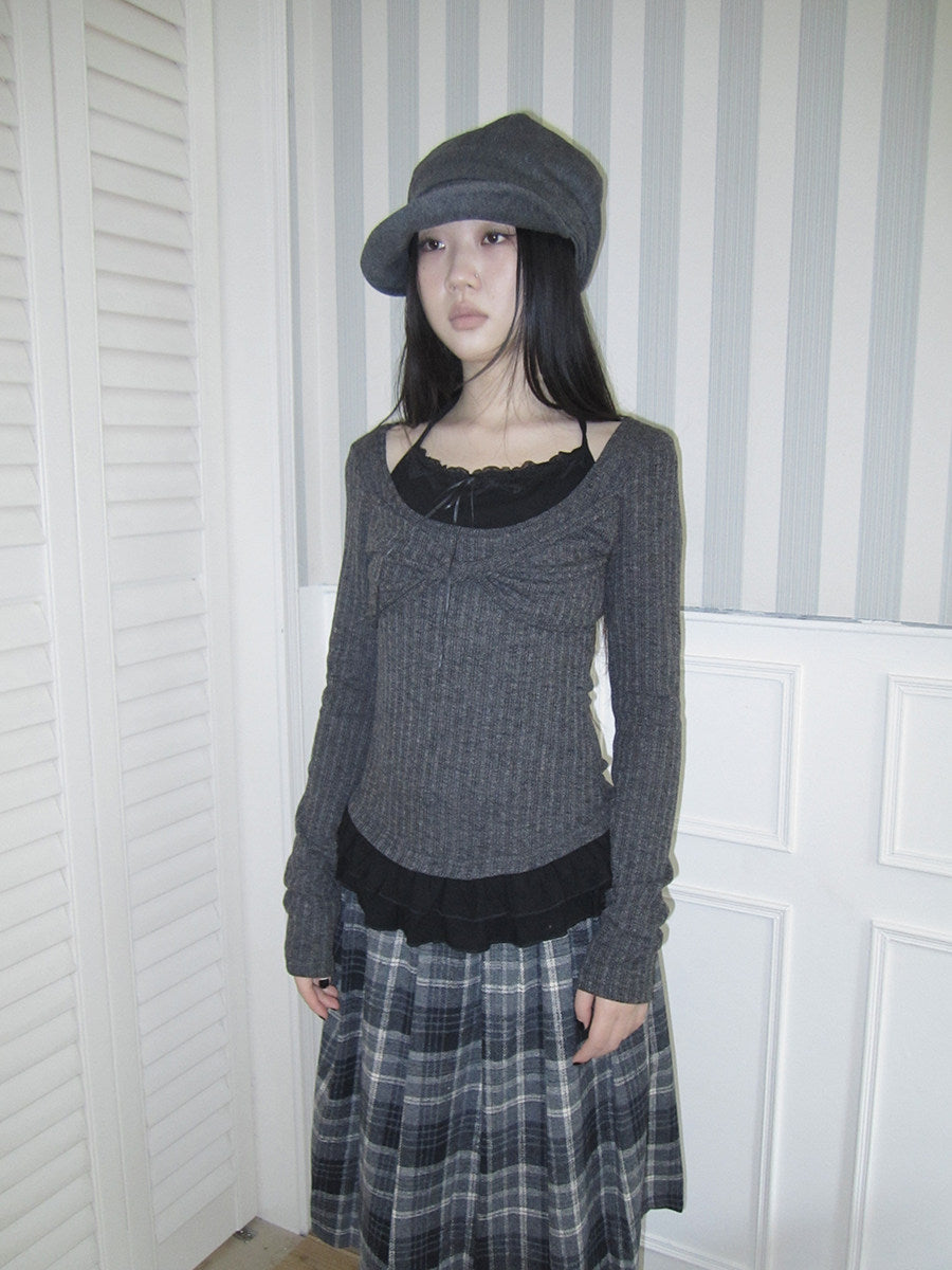 Halter-Layered Ribbed Long Sleeve Top