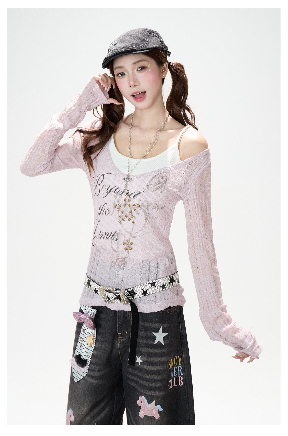 Beyond the Limits Sheer Grid Long Sleeve Top & Pony Star Wide-Leg Jeans