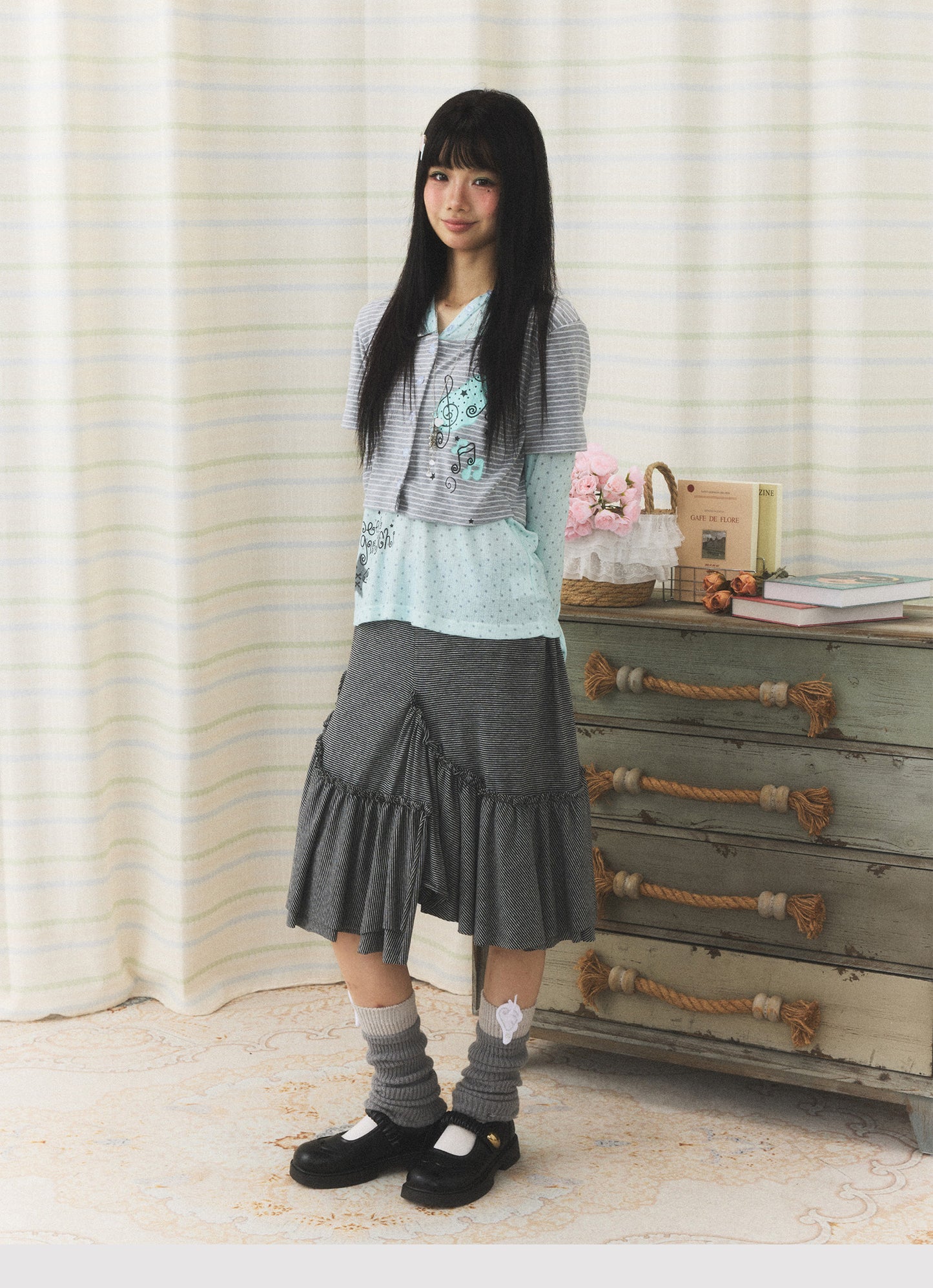 Mint Melody Faux-Layer Hooded Long-Sleeve Top
