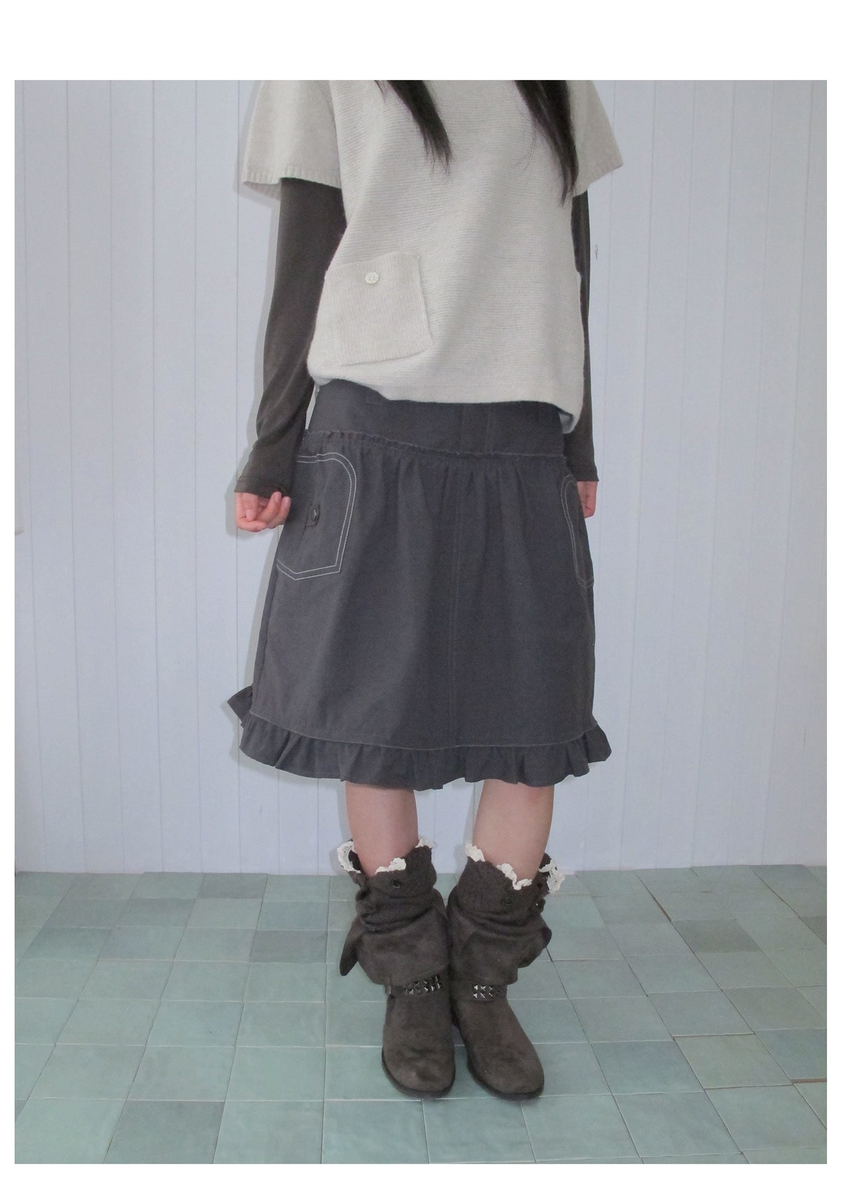 Contrast-Stitch Ruffle-Hem Utility Mini Skirt