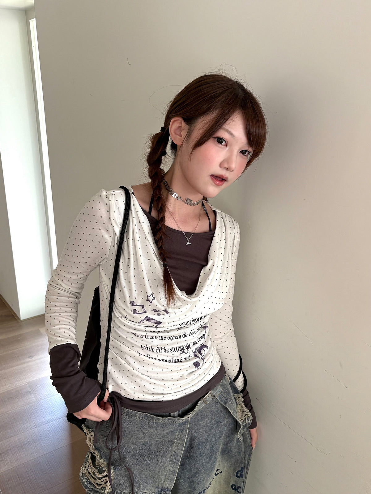 Polka Dot Cowl Neck Faux-Layer Graphic Long Sleeve Top