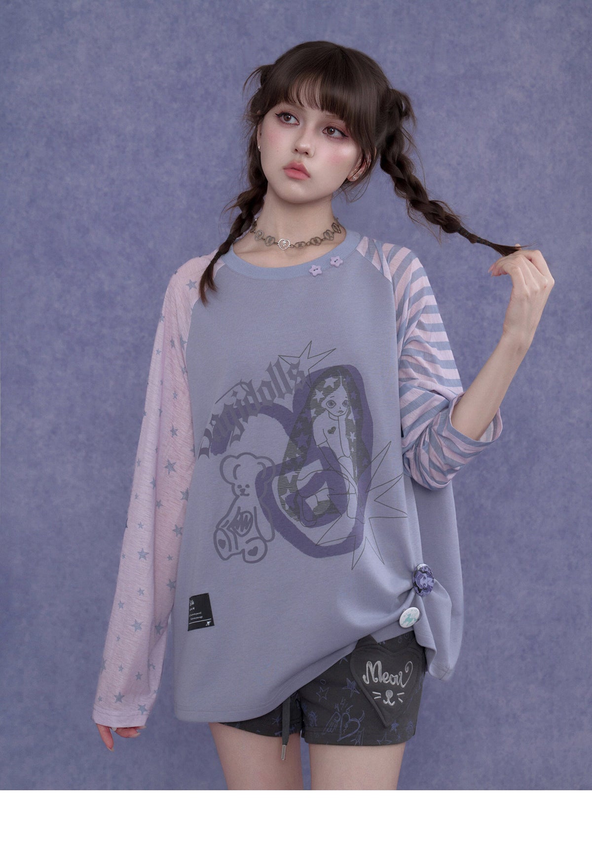 Lavender Star Stripe Raglan Graphic Long-Sleeve Tee