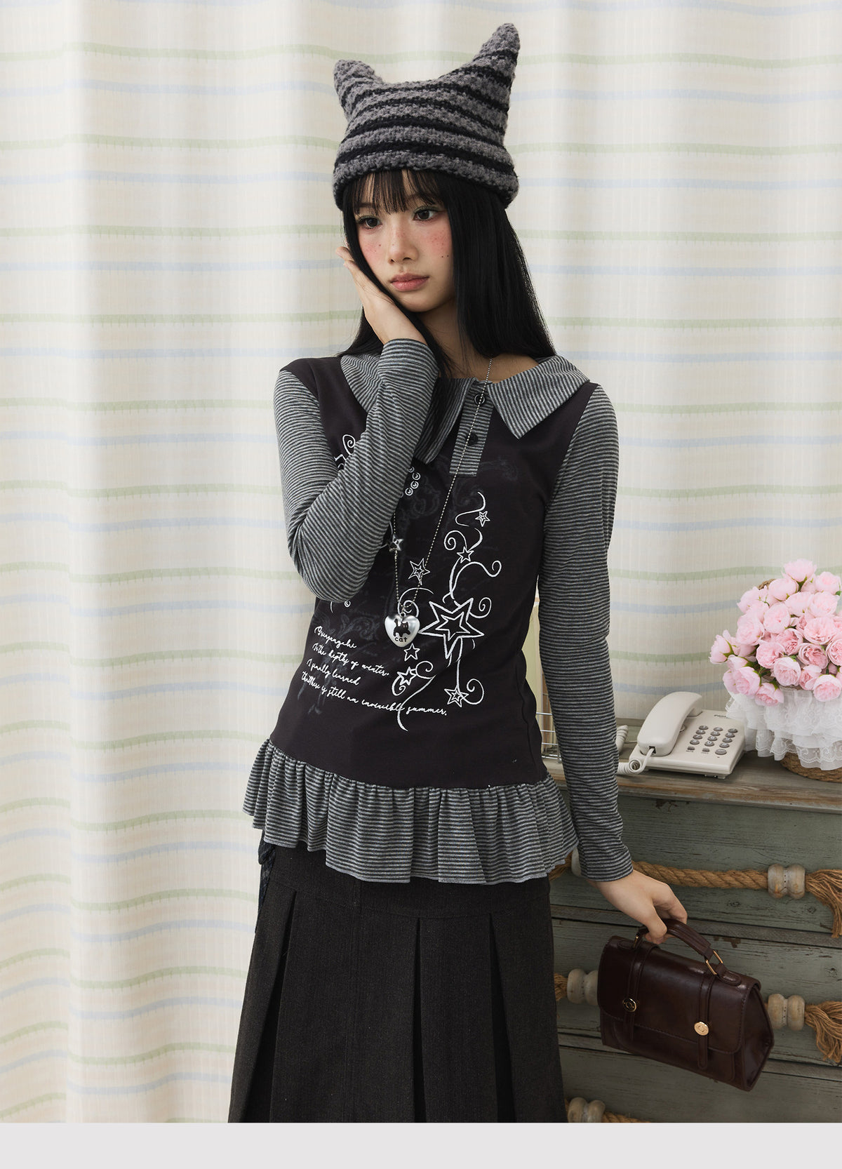 Graphic Stripe Faux-Layer Ruffle-Hem Long Sleeve Top