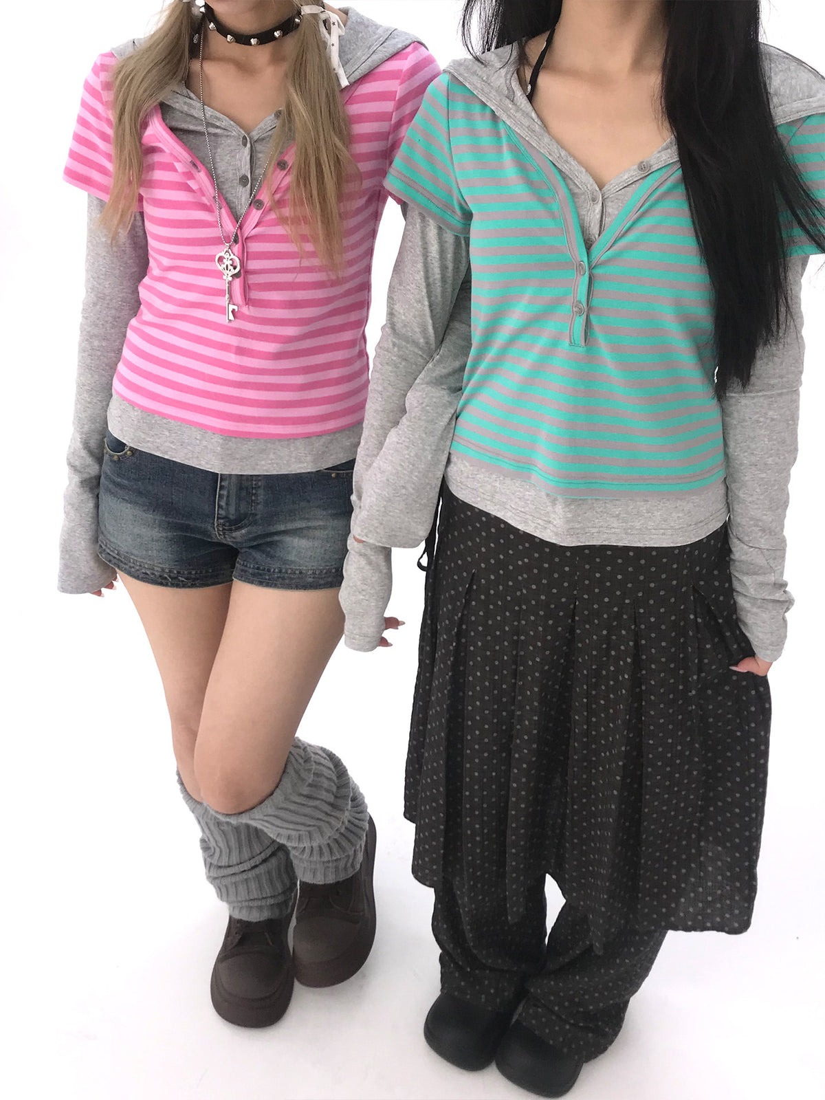Striped Faux-Layered Hooded Long Sleeve Top