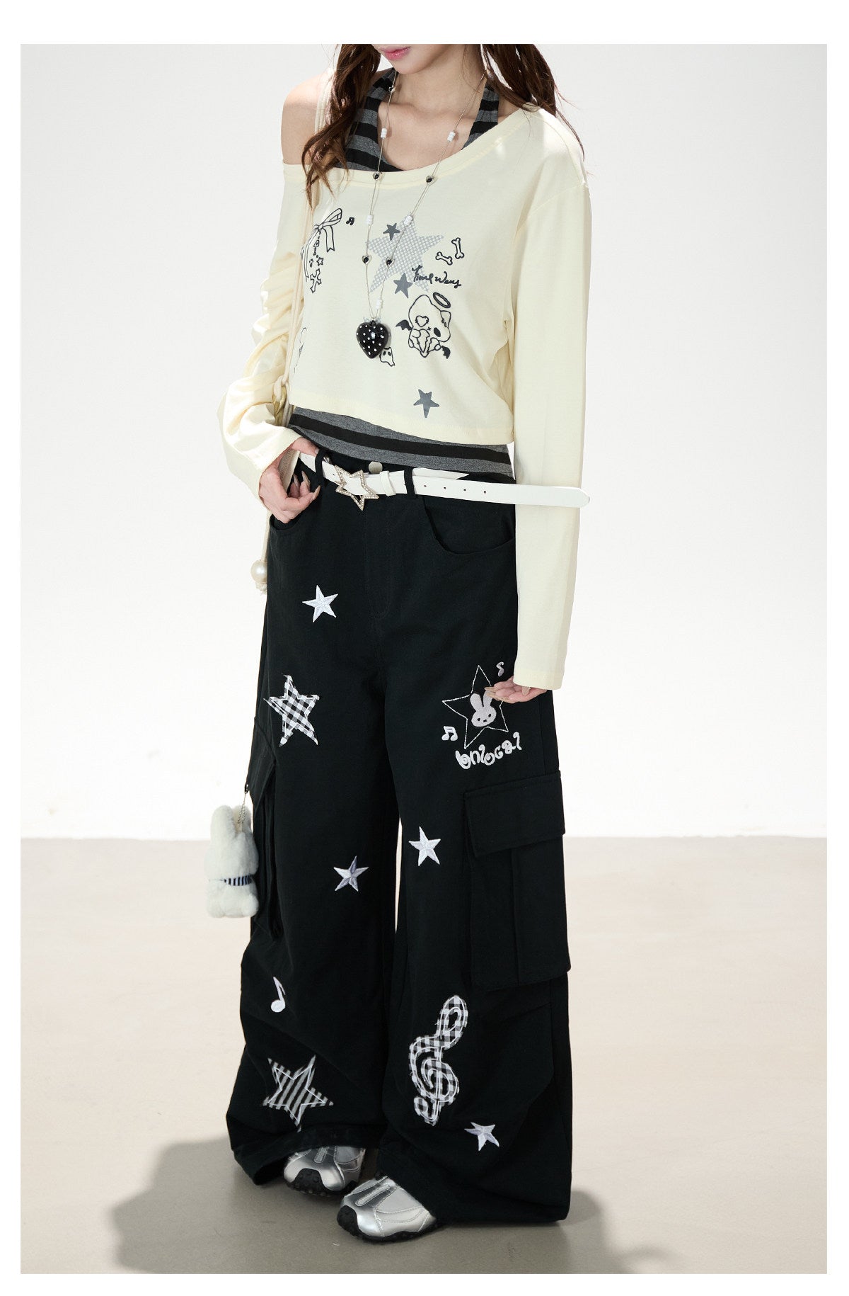 Cartoon Patch Embroidered Wide-Leg Cargo Pants