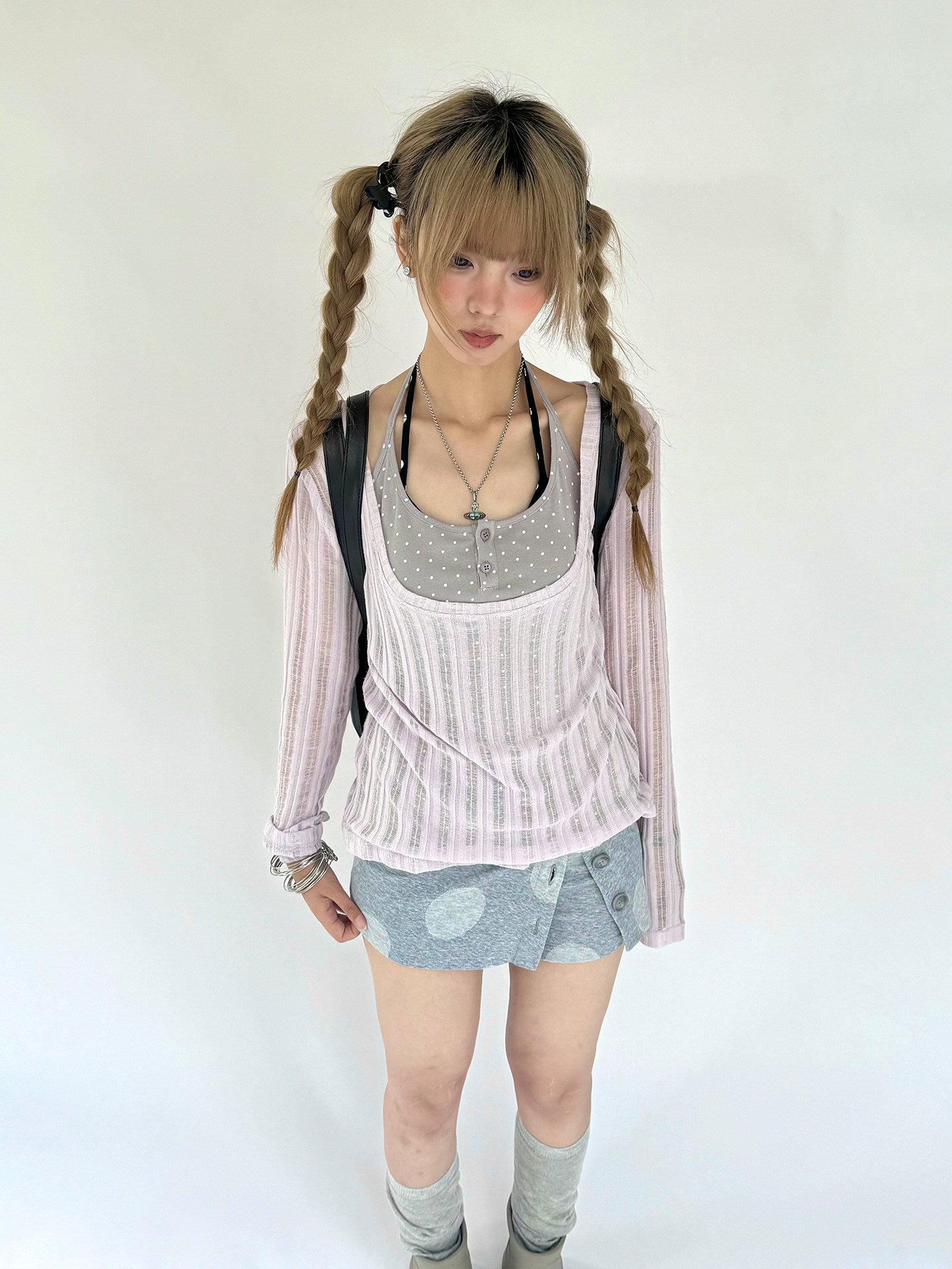 Wisteria Open-Knit Faux-Layer Long Sleeve Top