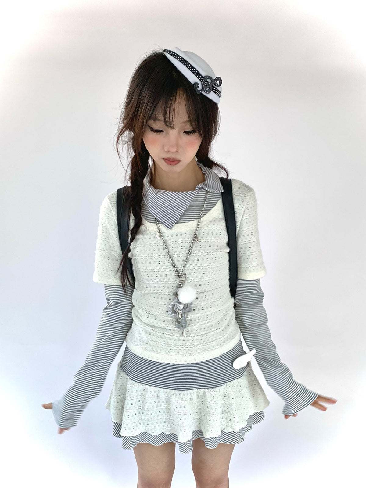 Milk Mist Lace & Stripe Faux-Layer Mini Dress