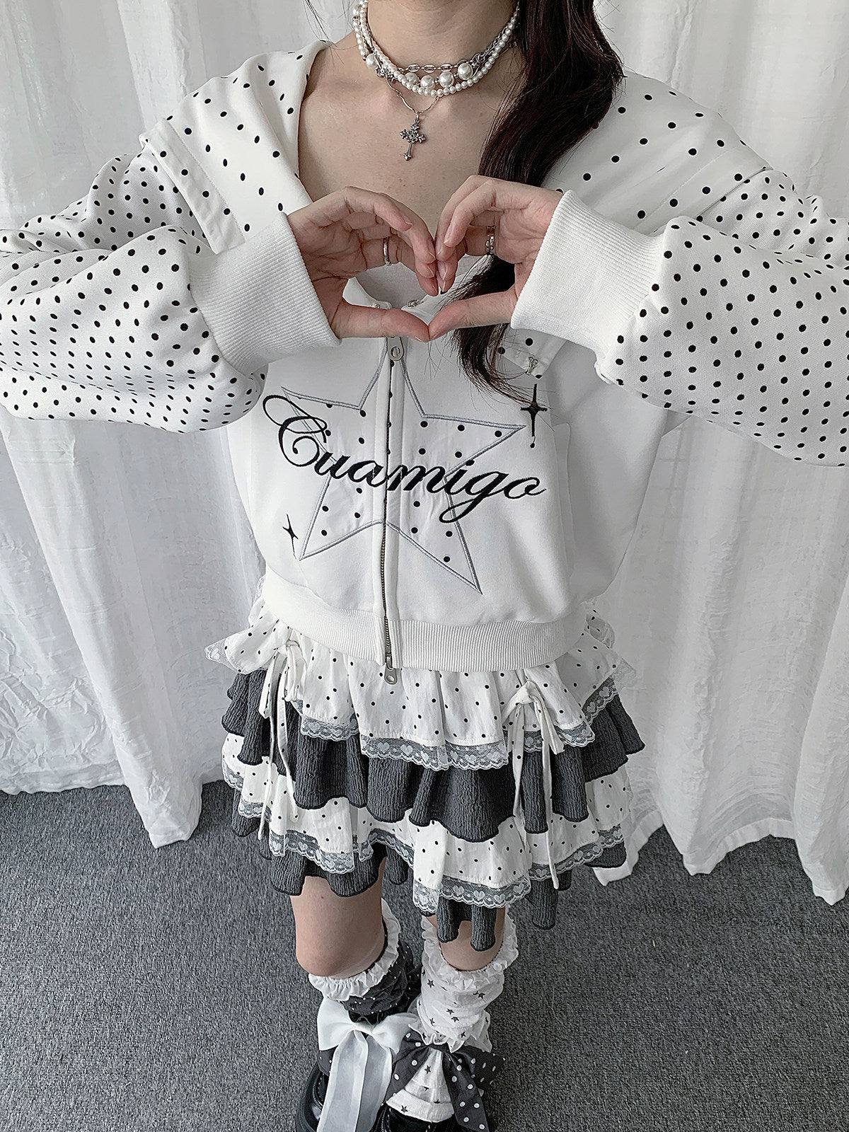 Star Polka Dot Cape-Collar Double-Zip Jacket