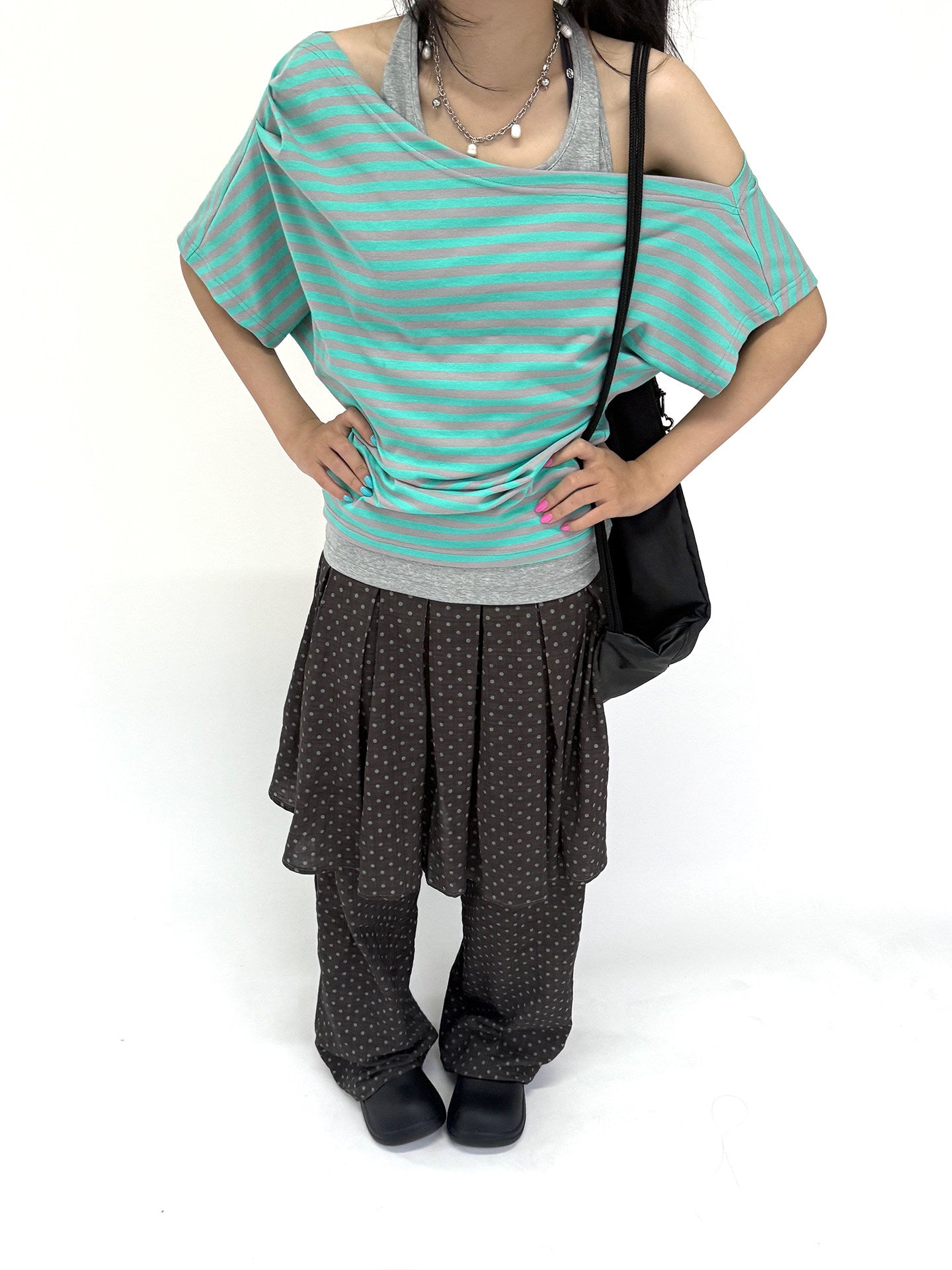Mint Stripe Off-Shoulder Layered Halter Tee