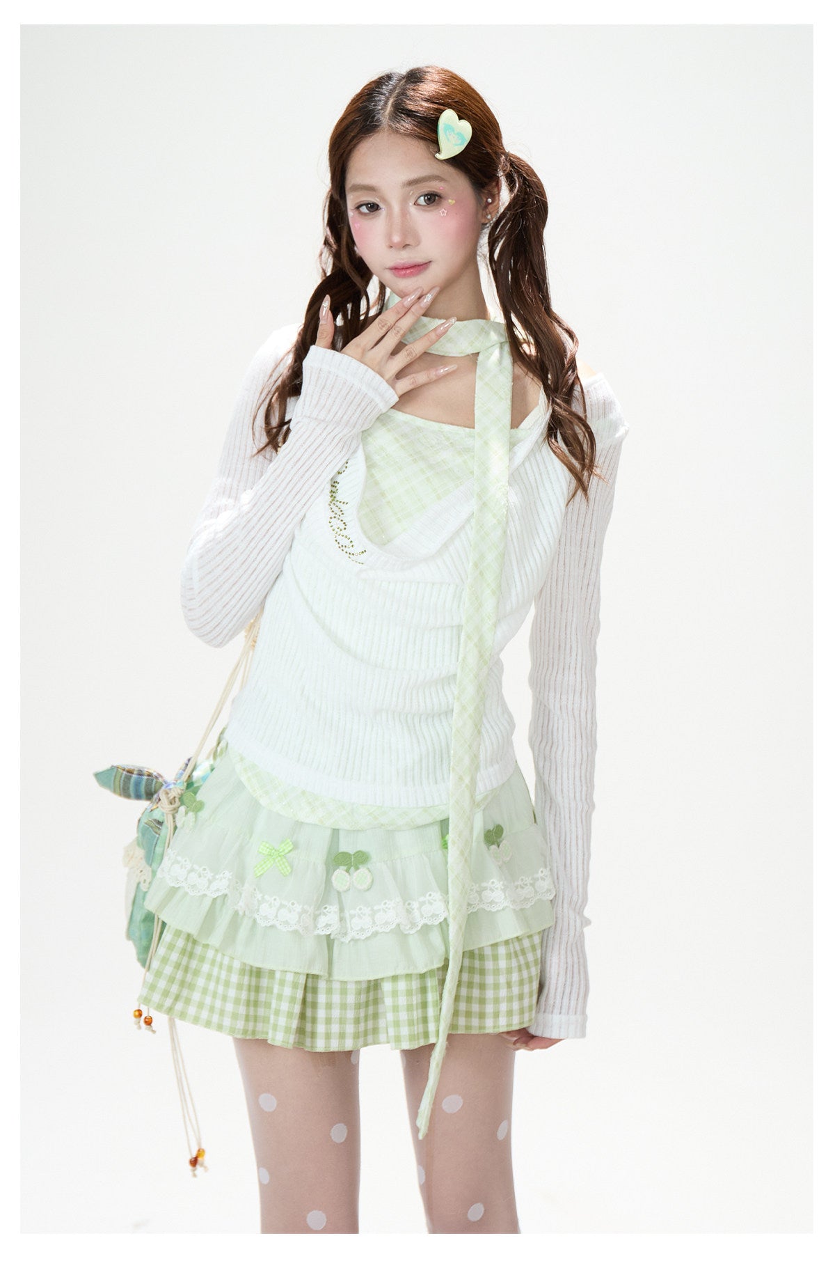 Mint Gingham Layered Knit Long Sleeve Top & Cherry Ruffle Mini Skirt
