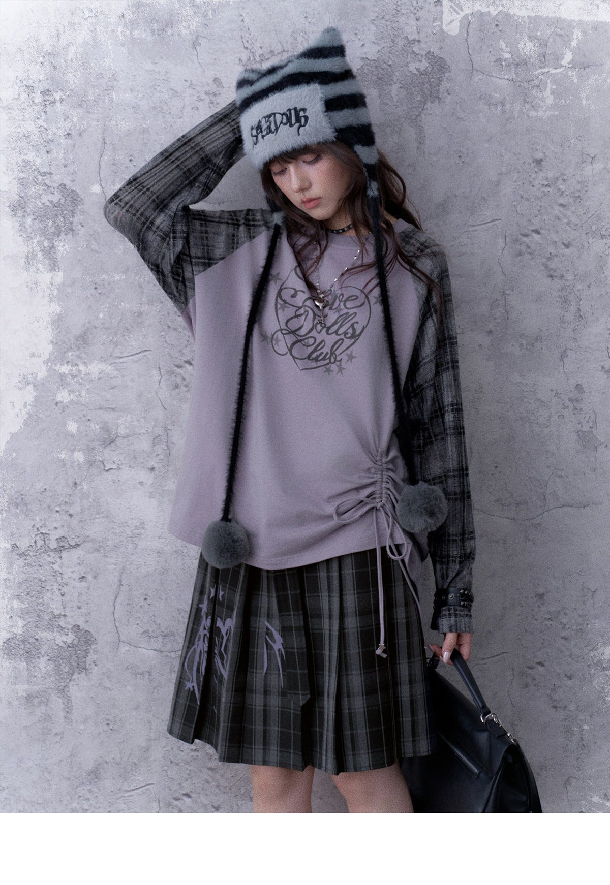 Double-Waist Graphic Plaid Pleated Midi Skirt