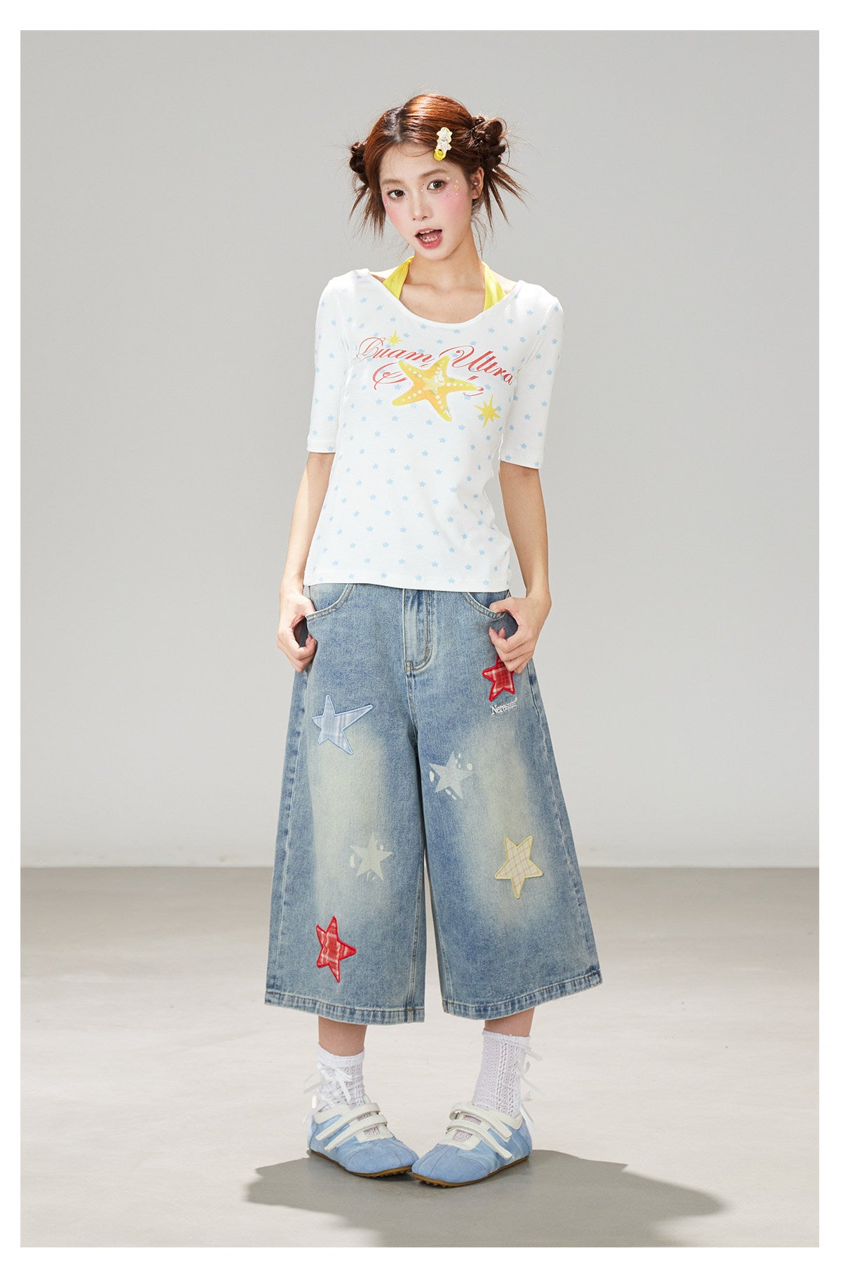 Blue Star Wide-Leg Denim Pants
