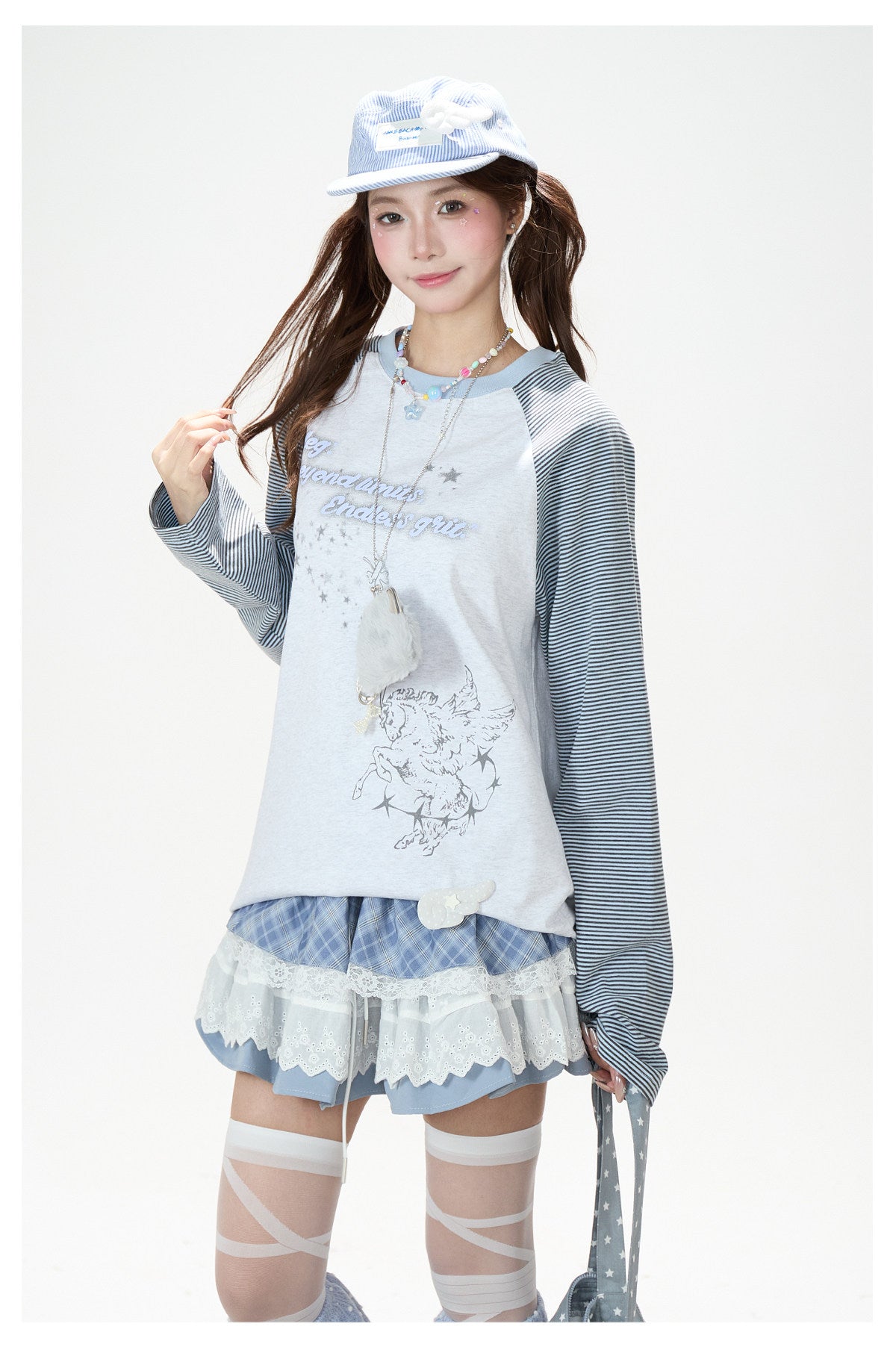 Striped Raglan Angel Graphic Long Sleeve Tee & Blue Plaid Lace Ruffle Skirt