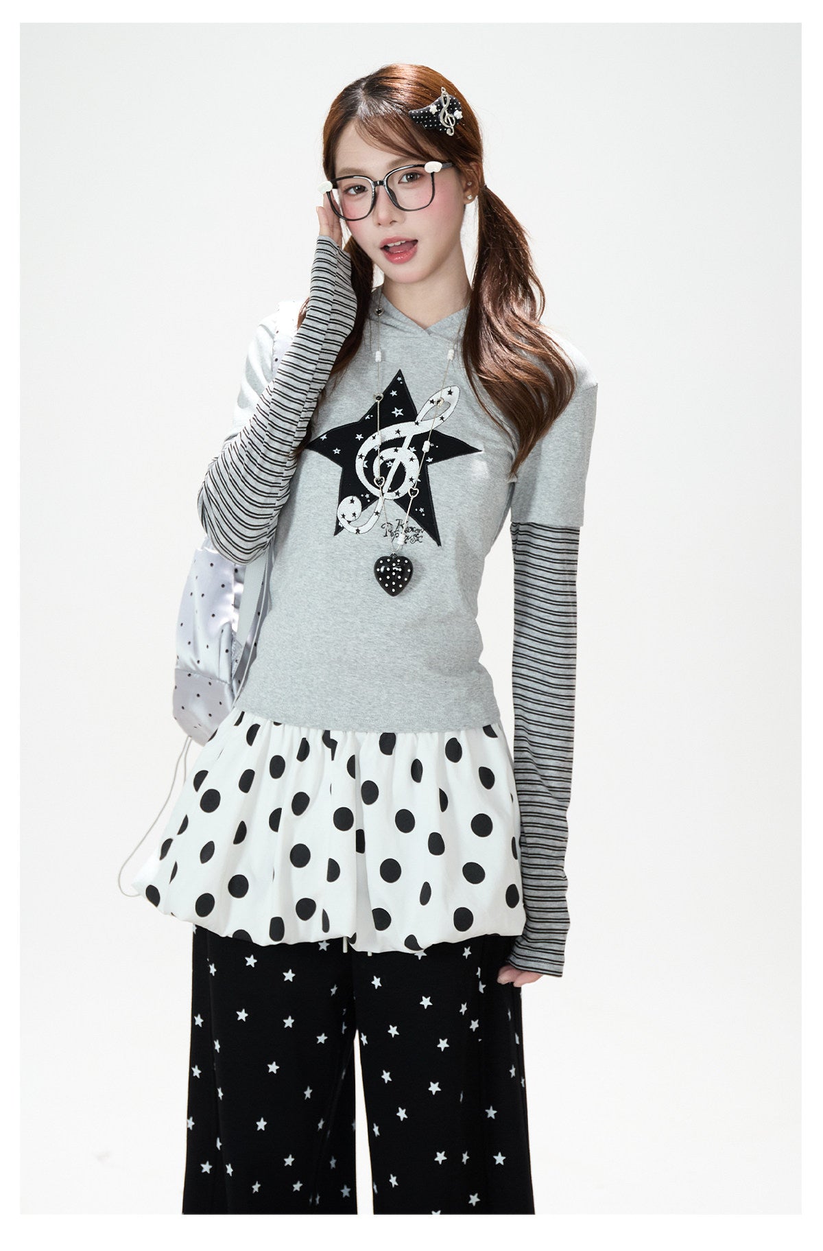 Music Note Star Layered Hoodie Top & Polka Dot Tie-Waist Wide-Leg Pants