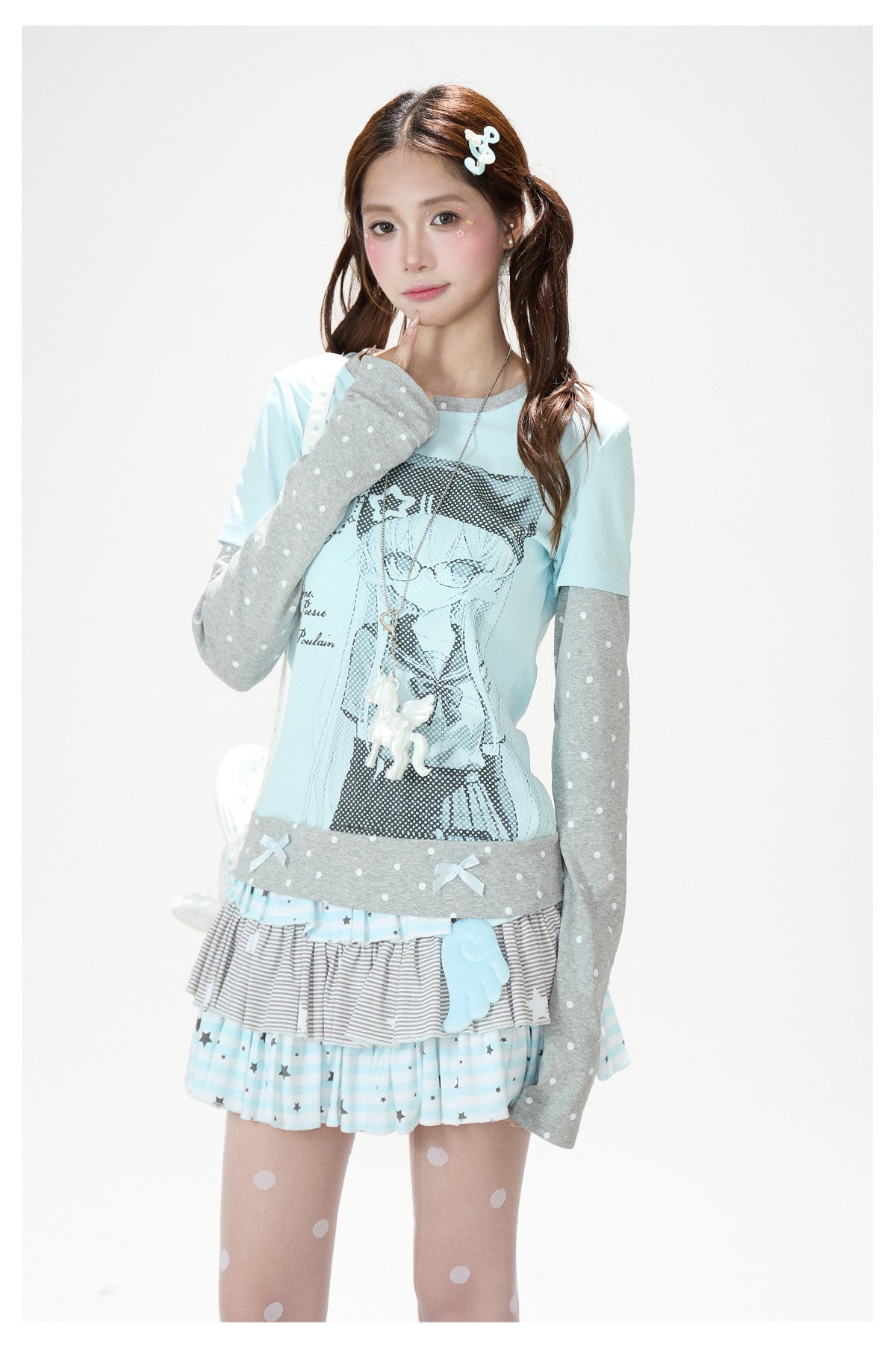 Anime Girl Polka-Dot Layered Long Sleeve Top & Star Tiered Ruffle Mini Skirt