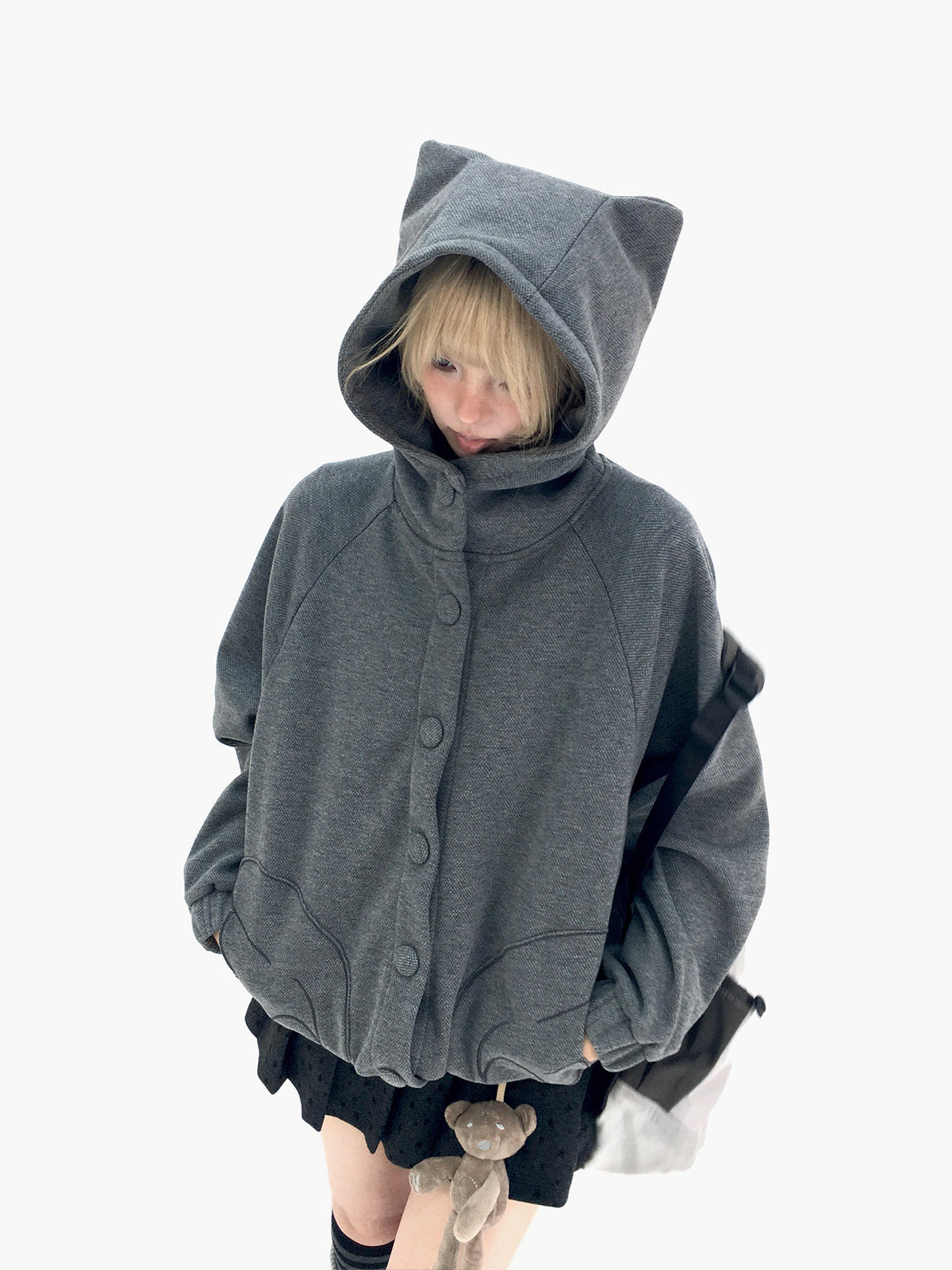 Cloud Gray Cat Ear Wing Pocket Hooded Jacket