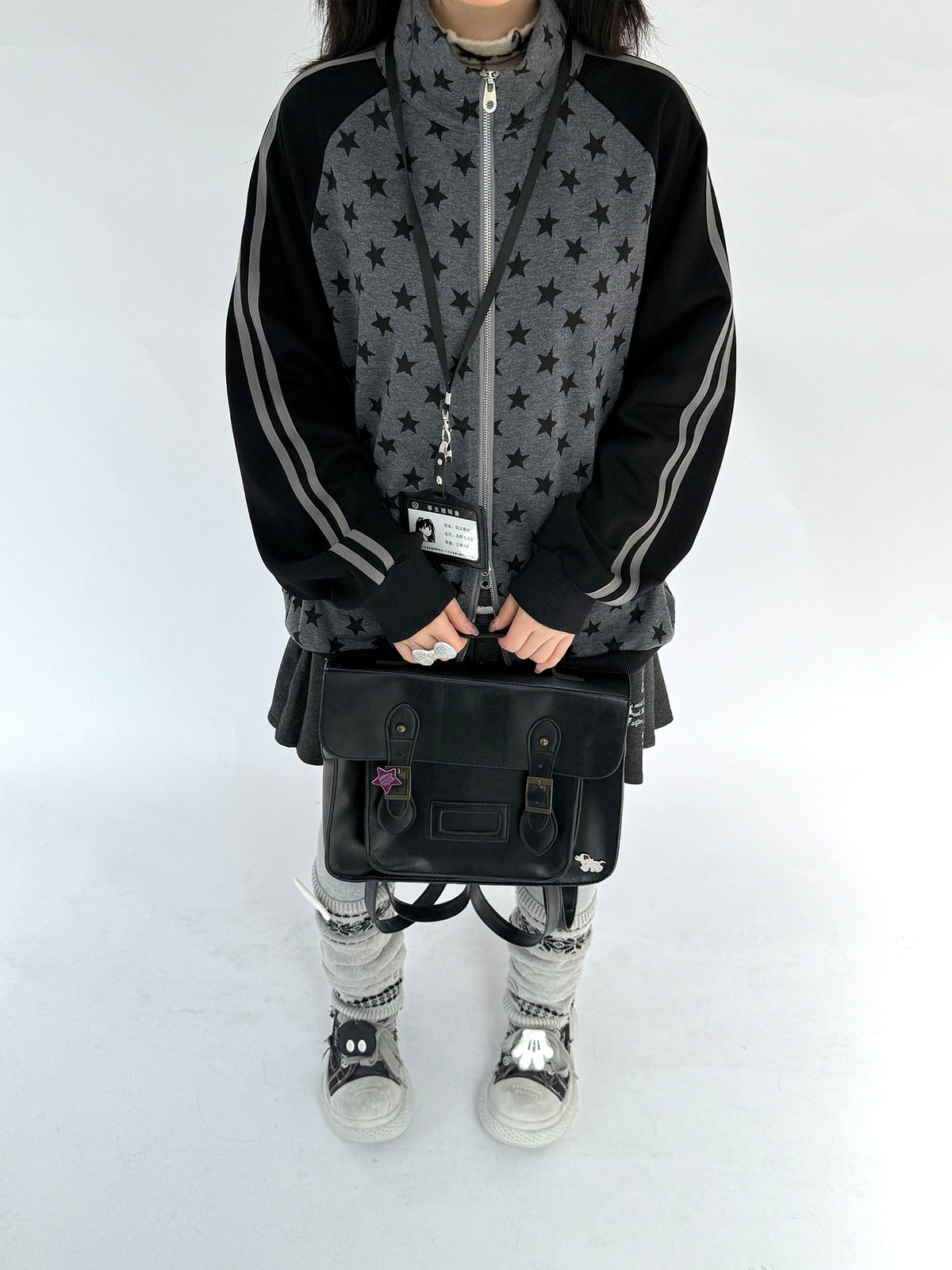 Charcoal Star Double-Zip Mock Neck Jacket