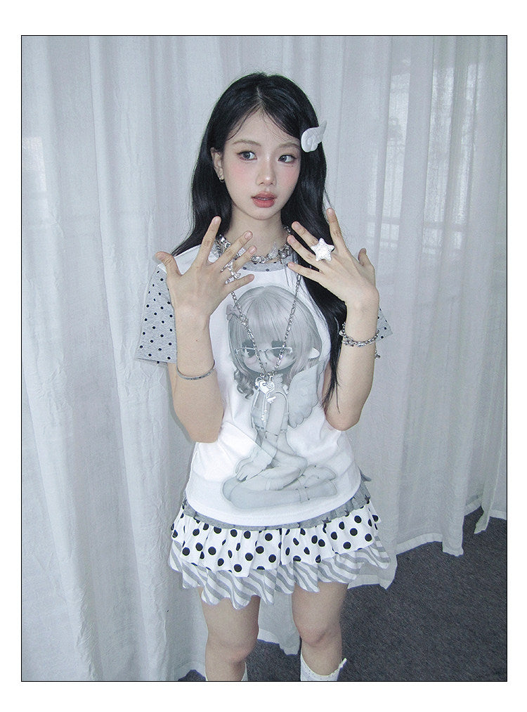 Angel Girl Contrast-Sleeve Graphic Tee
