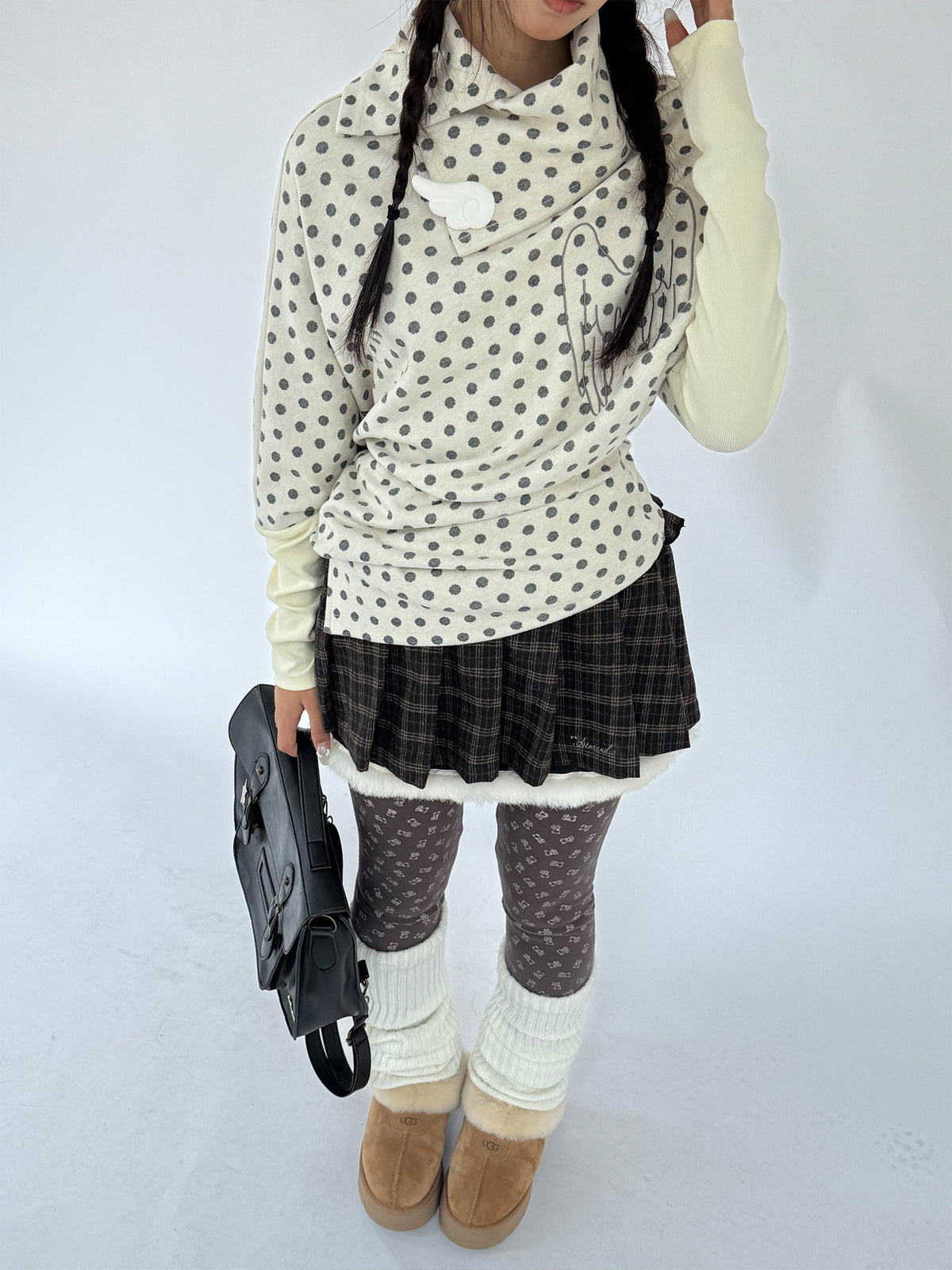Brown Plaid Fuzzy-Trim Pleated Mini Skirt