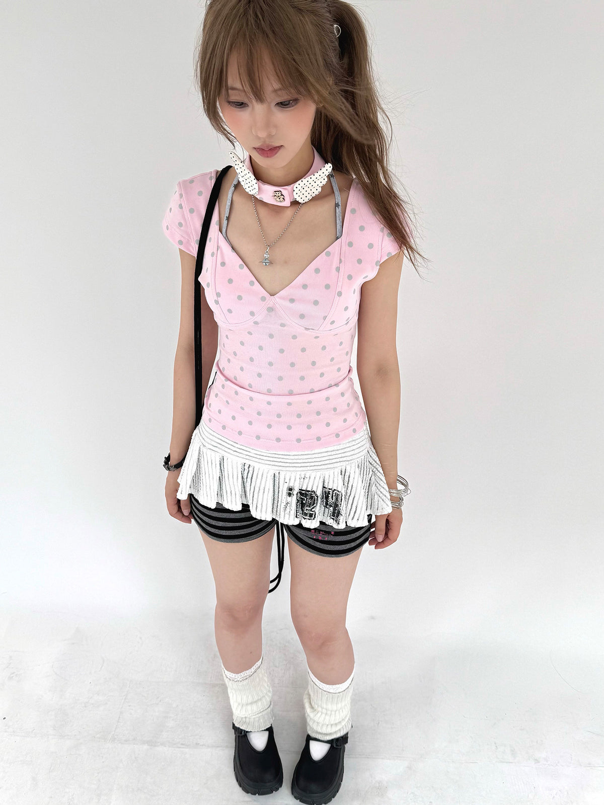 Mechanical Bear Polka Dot V-Neck Fitted Tee with Choker