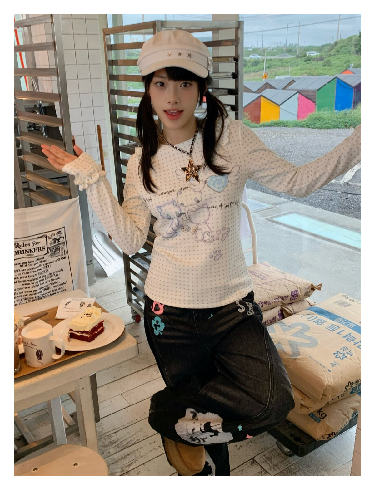 Cat Party Polka Dot Ruffle Long Sleeve Top
