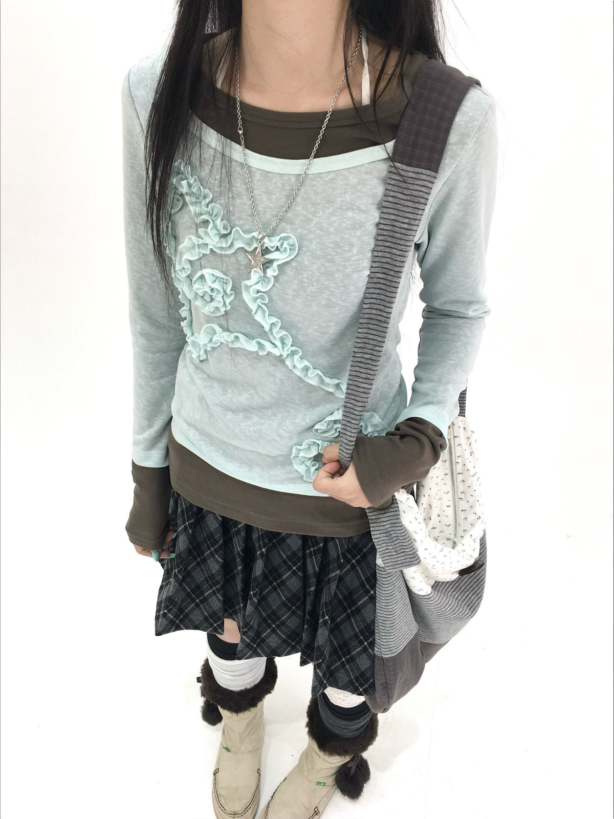 Mist Aqua Ruffle Star Faux-Layer Long Sleeve Top