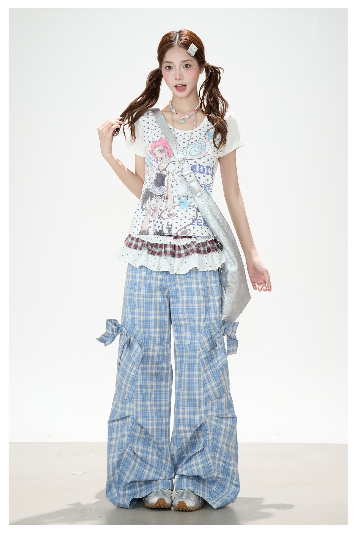 Bow Plaid Cargo Wide Leg Pants