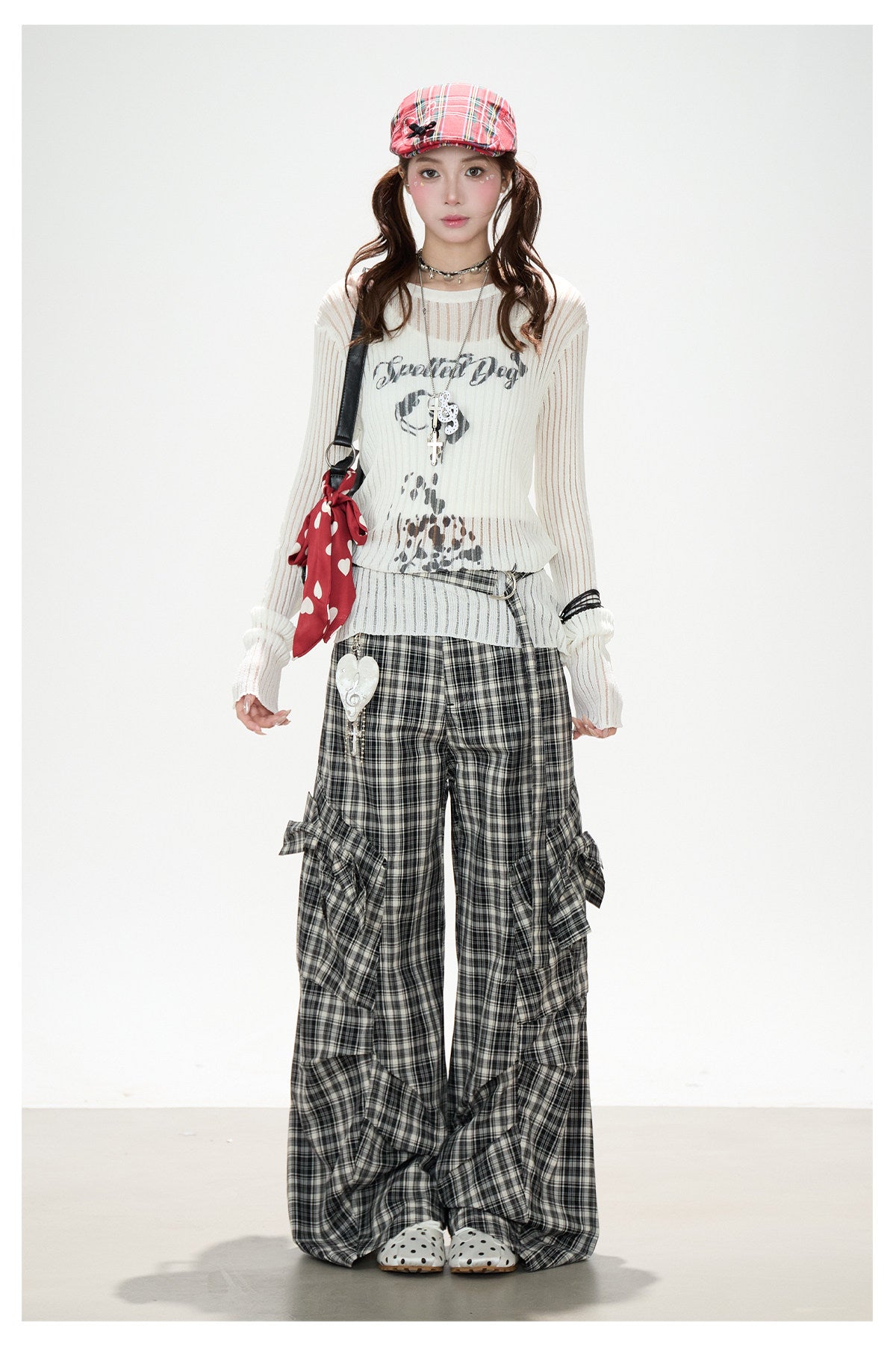 Dalmatian Sheer Knit Top & Black Plaid Ruffle Pants