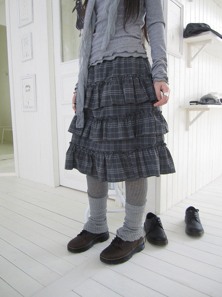 Vintage Gray Plaid Tiered Ruffle Skirt