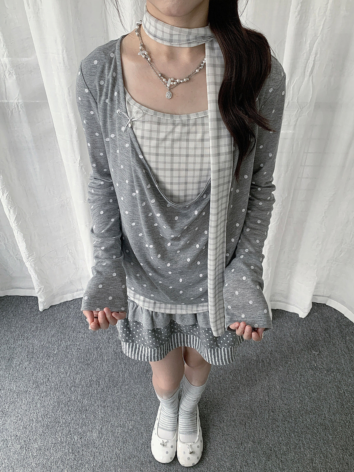 Polka Dot Plaid Scarf Layered Long Sleeve Top